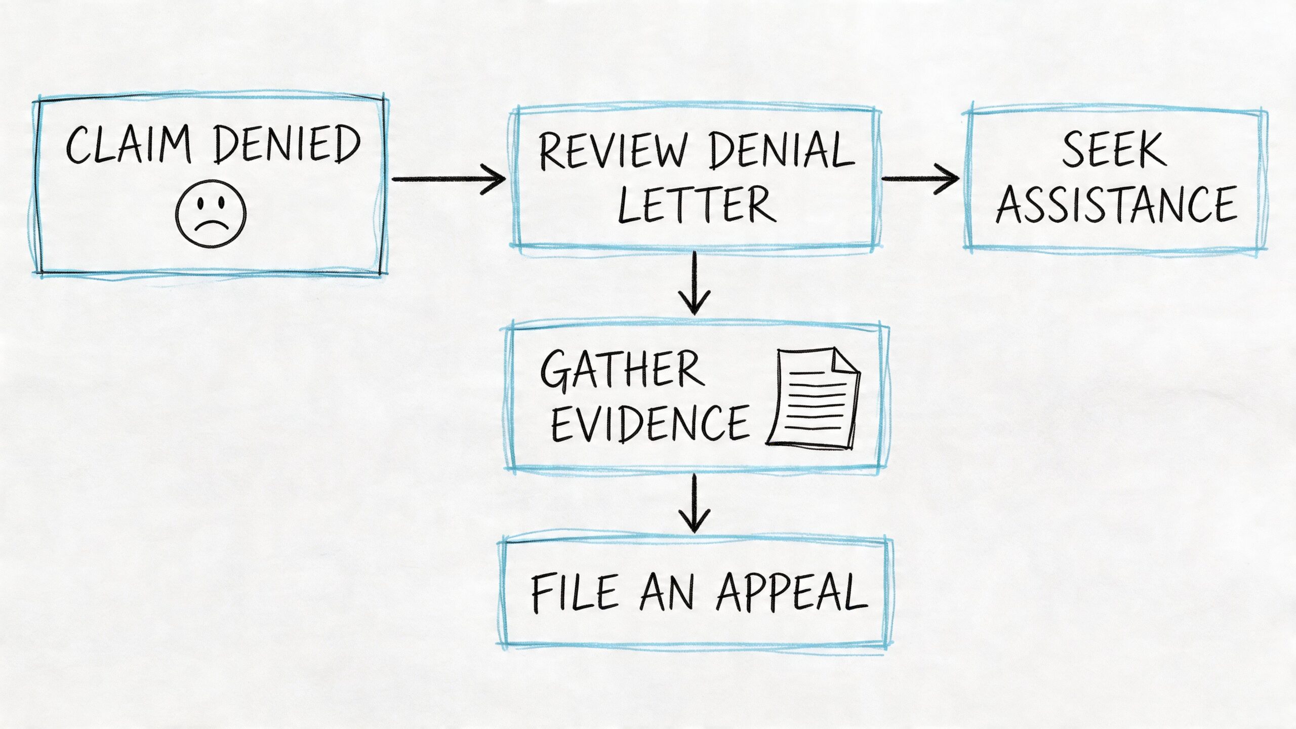 A flowchart diagram outlining the steps to take when a medical claim has been denied.