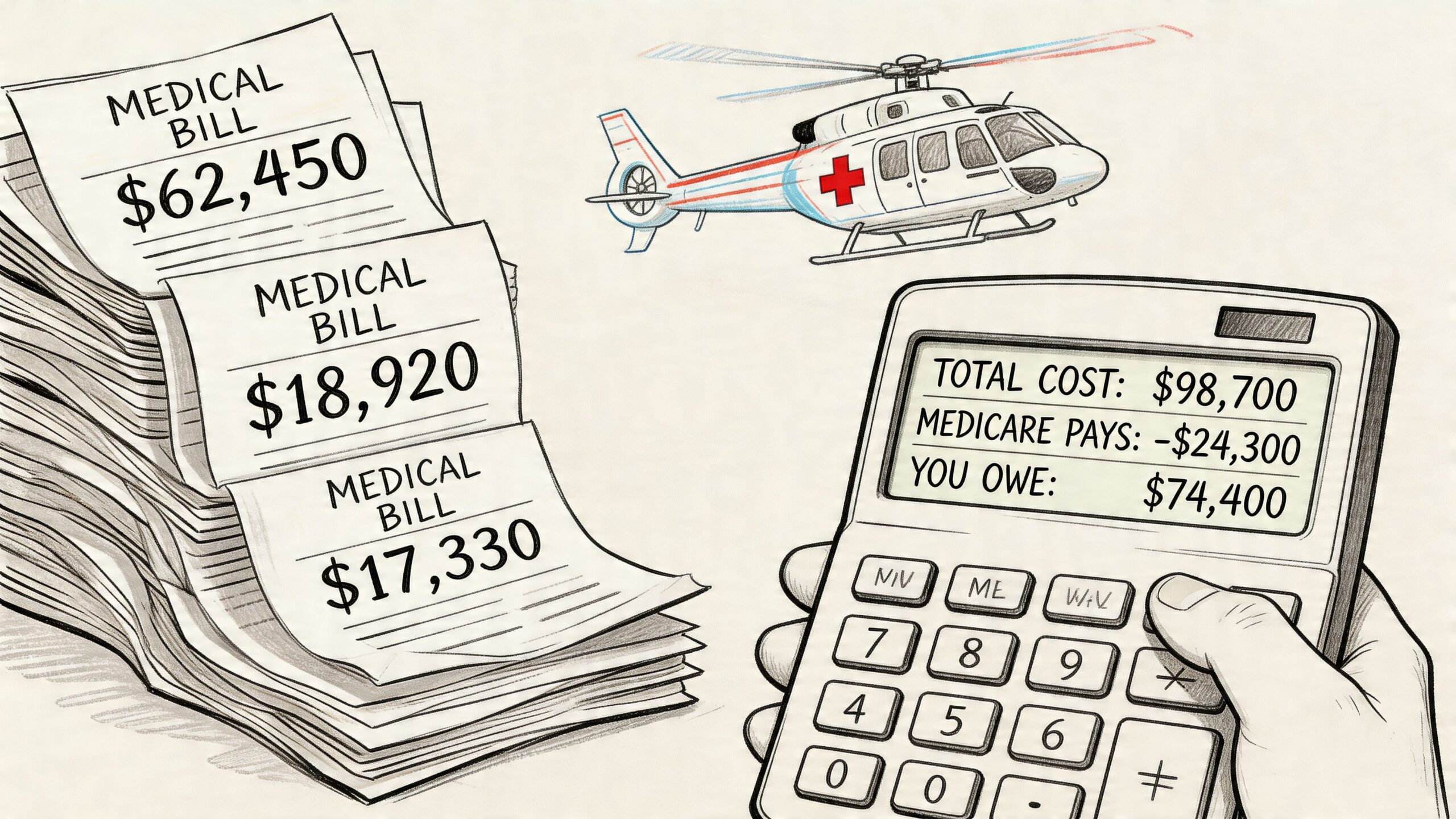 A hand using a calculator to tally expensive medical bills and an air ambulance medical helicopter illustration.