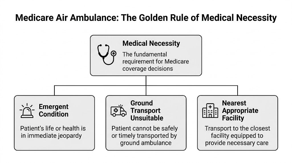 A flowchart outlining the three criteria for Medicare coverage of air ambulance services based on medical necessity.