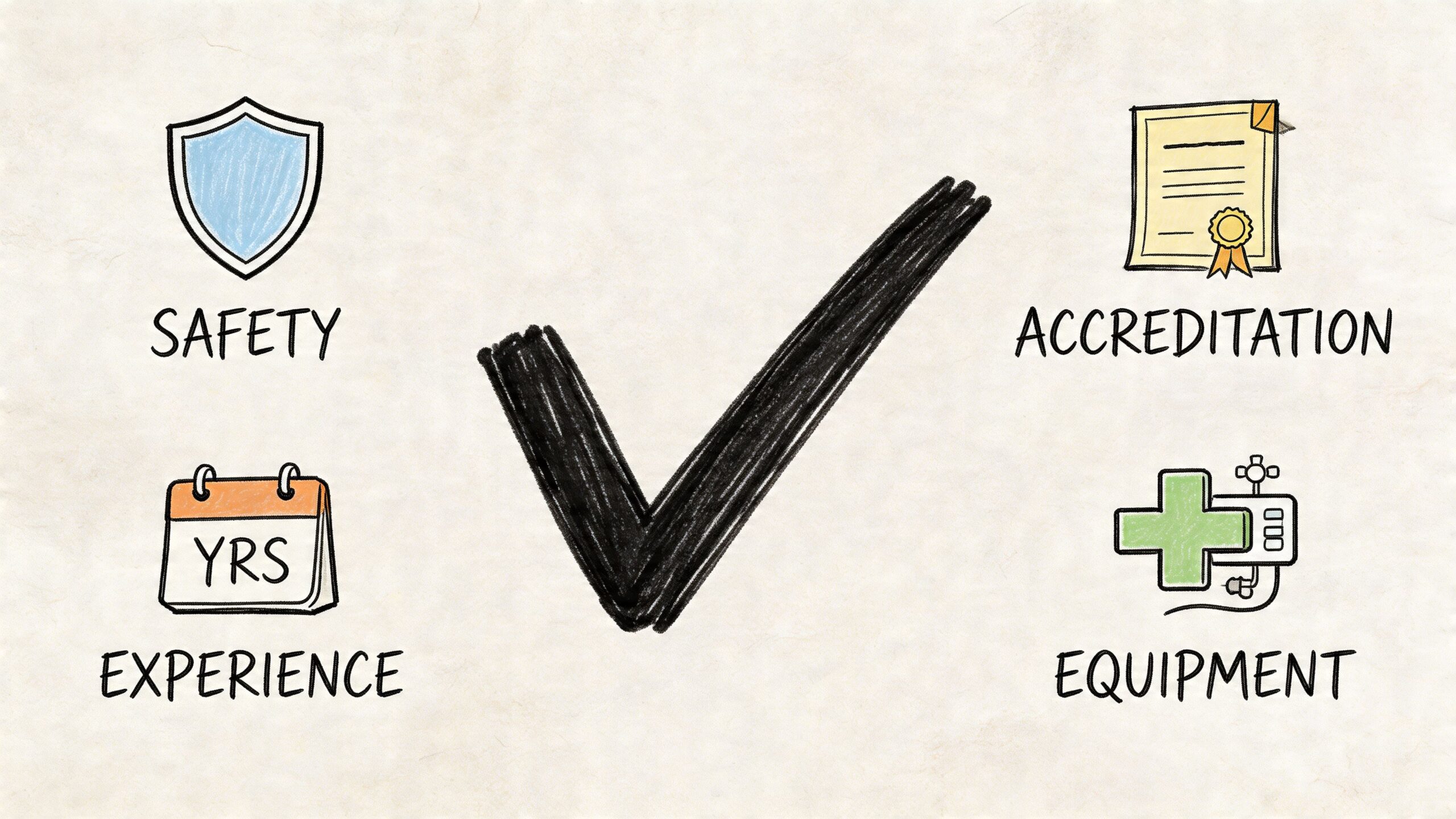 A hand-drawn graphic representing emergency medical transport services featuring icons for safety, experience, accreditation, and medical equipment.