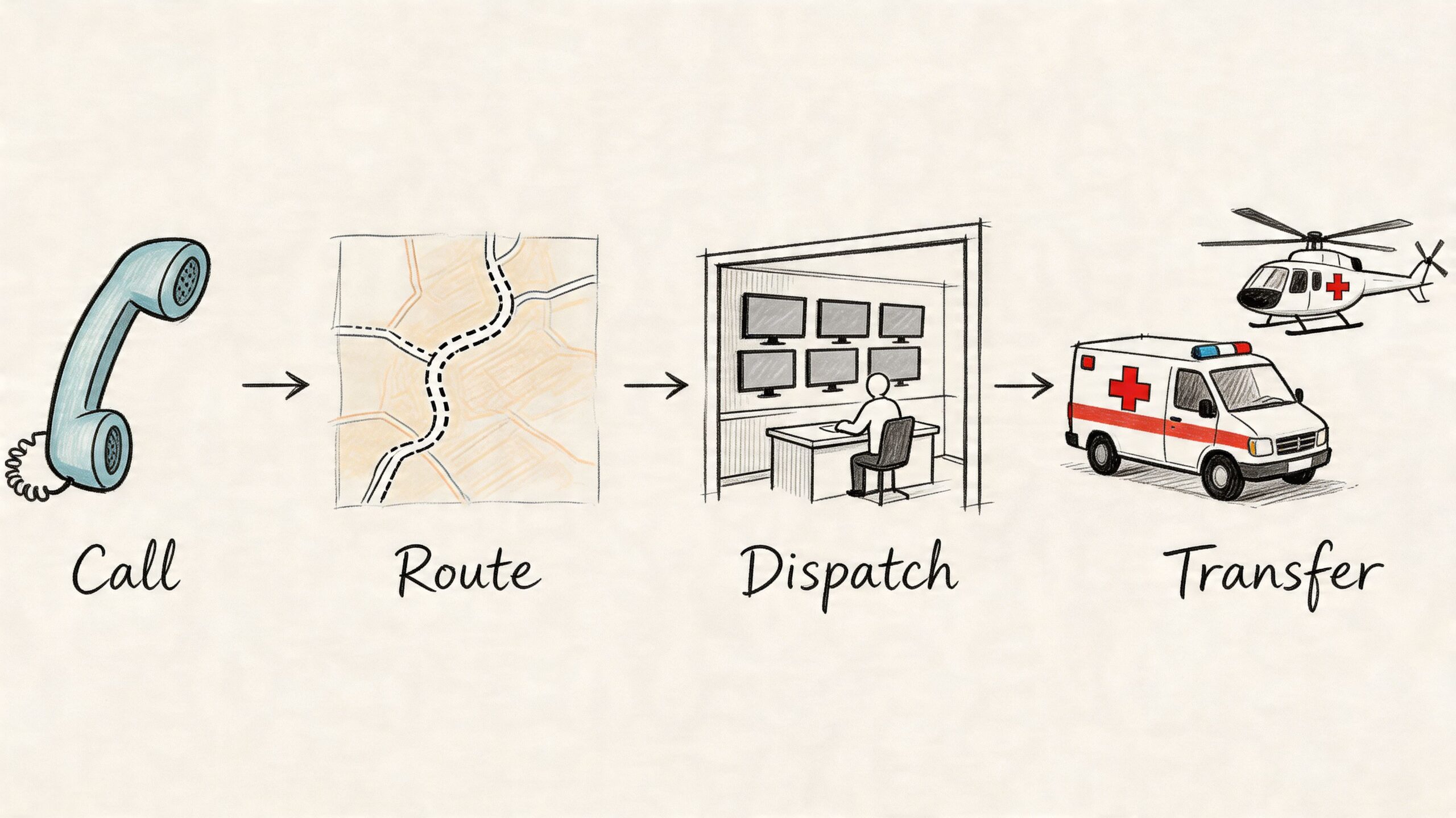 A diagram illustrating the emergency medical response process from the initial call to transportation and dispatch.