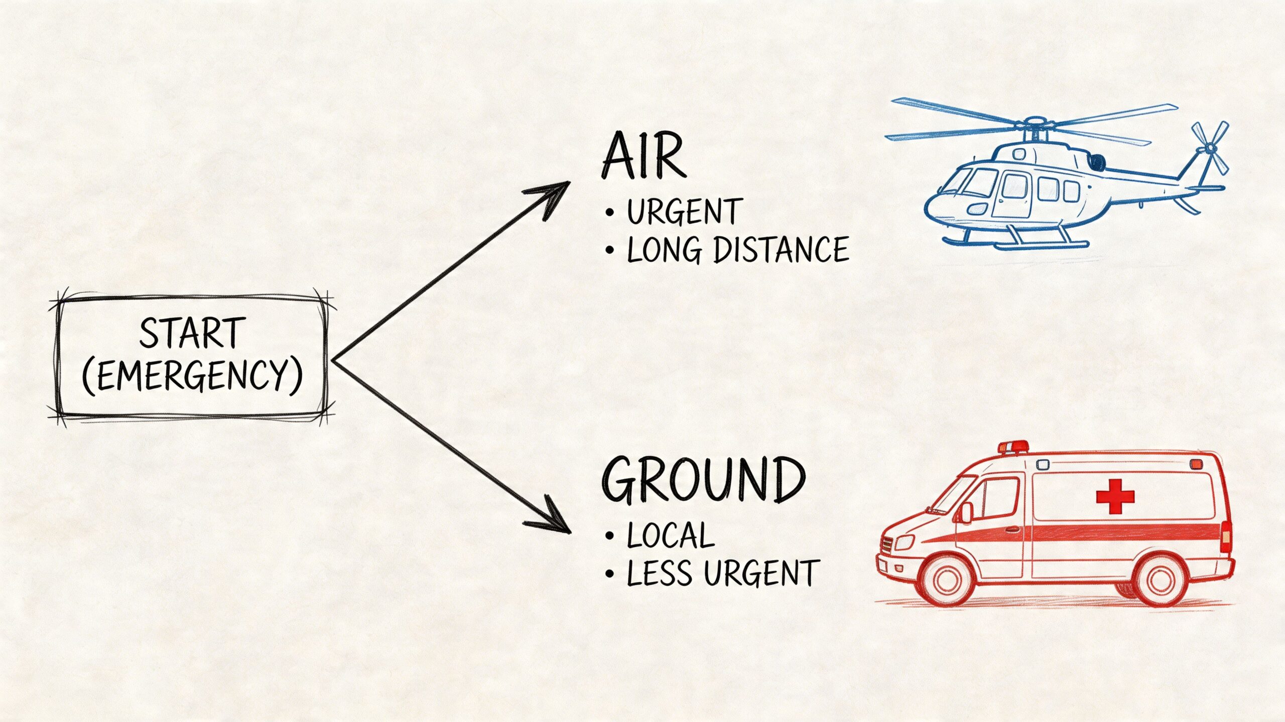 A diagram comparing emergency medical transport options between urgent long-distance air and local ground ambulance services.