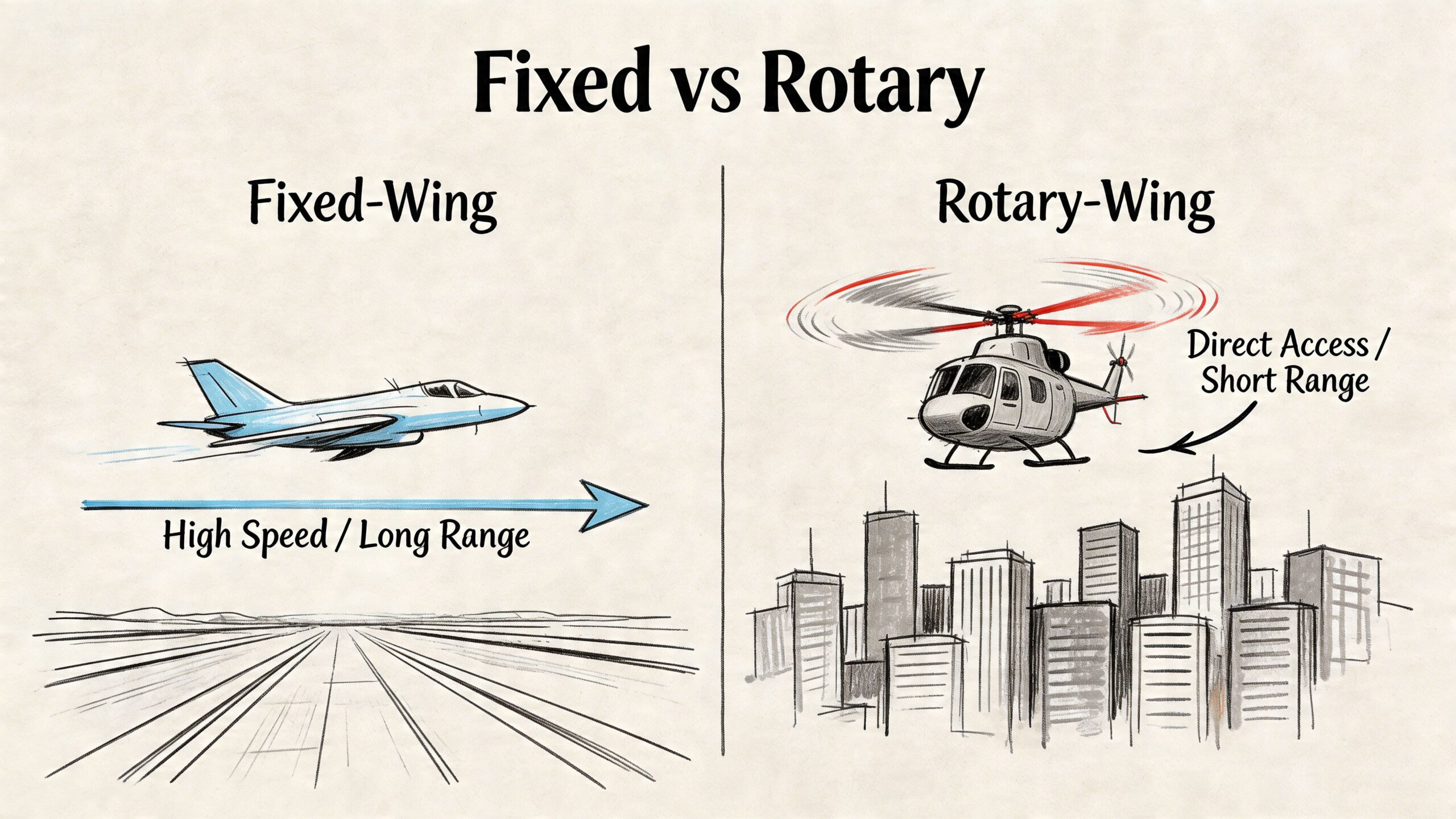 A diagram comparing fixed-wing aircraft for long-range travel versus rotary-wing helicopters for short-range urban access.