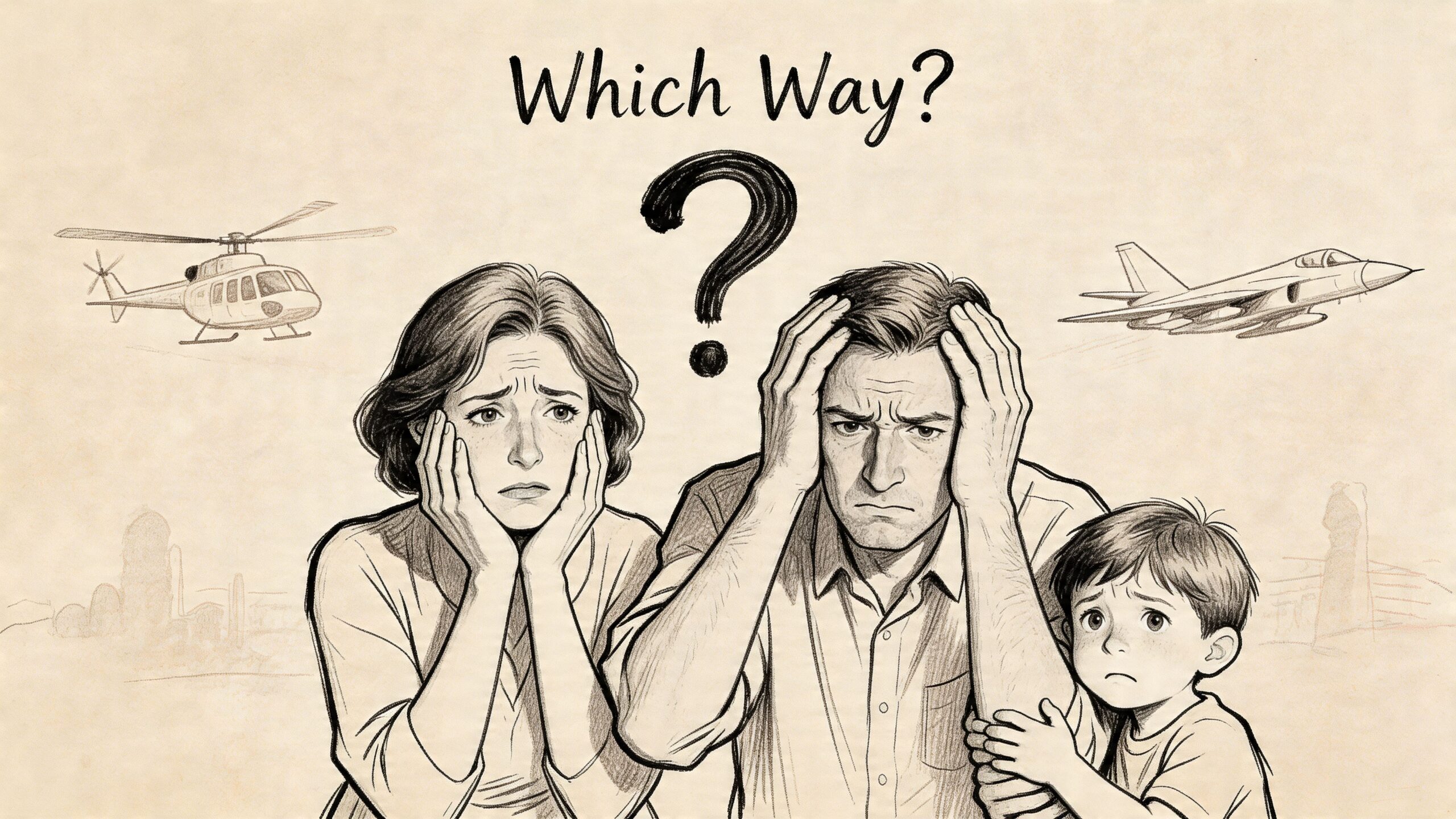 A concerned family pondering choices between a helicopter and a fighter jet in a sketch illustration.