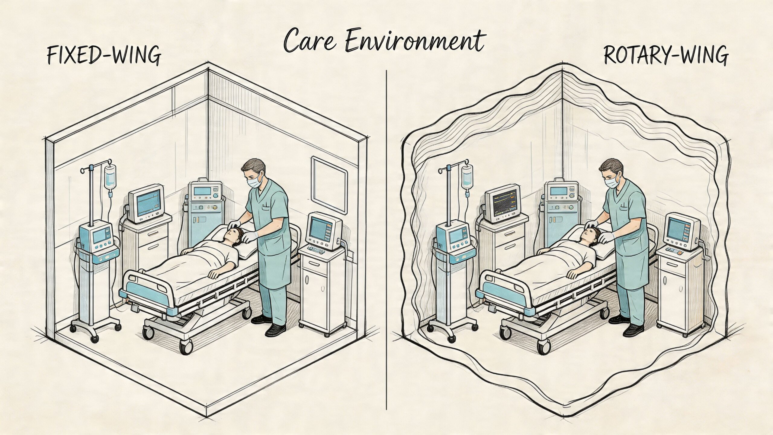 A split illustration comparing a clinical medical setup in a fixed-wing aircraft versus a rotary-wing aircraft.