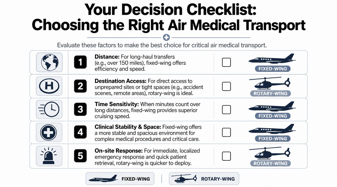 A decision checklist comparing the use of fixed-wing aircraft versus rotary-wing helicopters for medical transport needs.