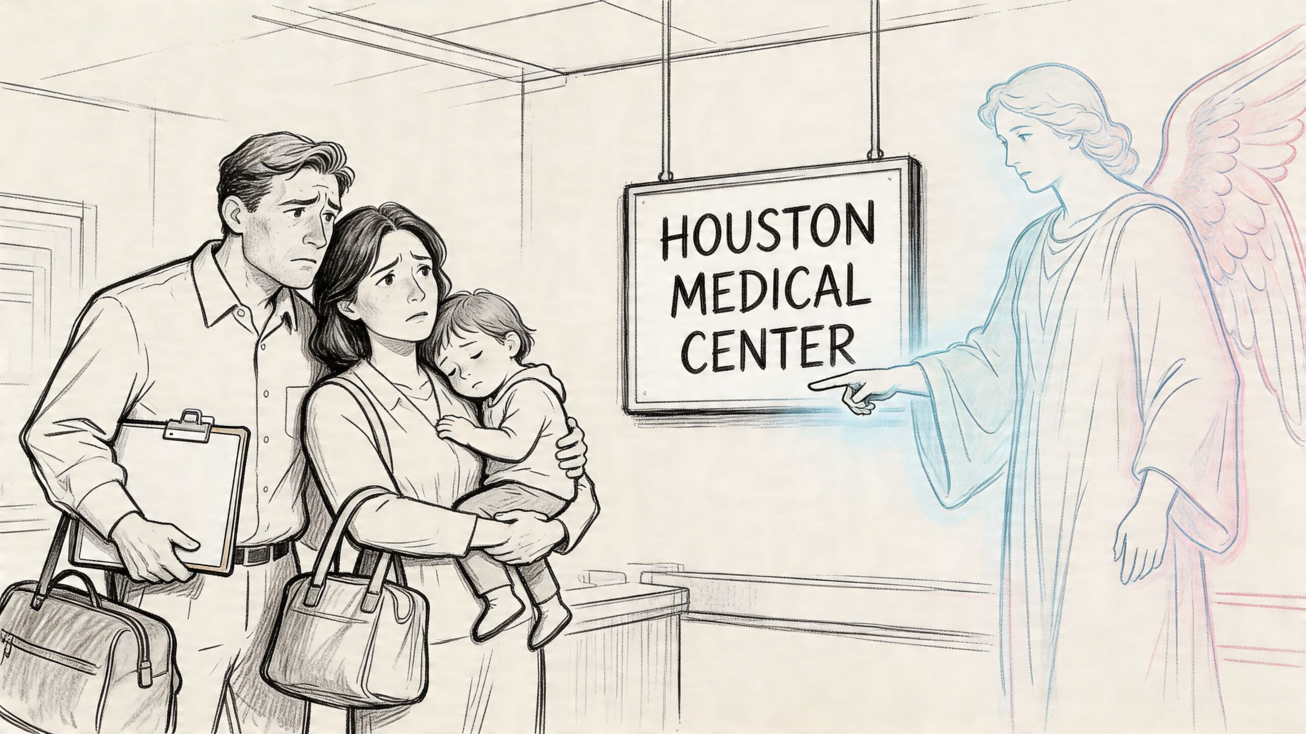A concerned family holds their sleeping child in a hospital, while a guardian angel gestures toward them.