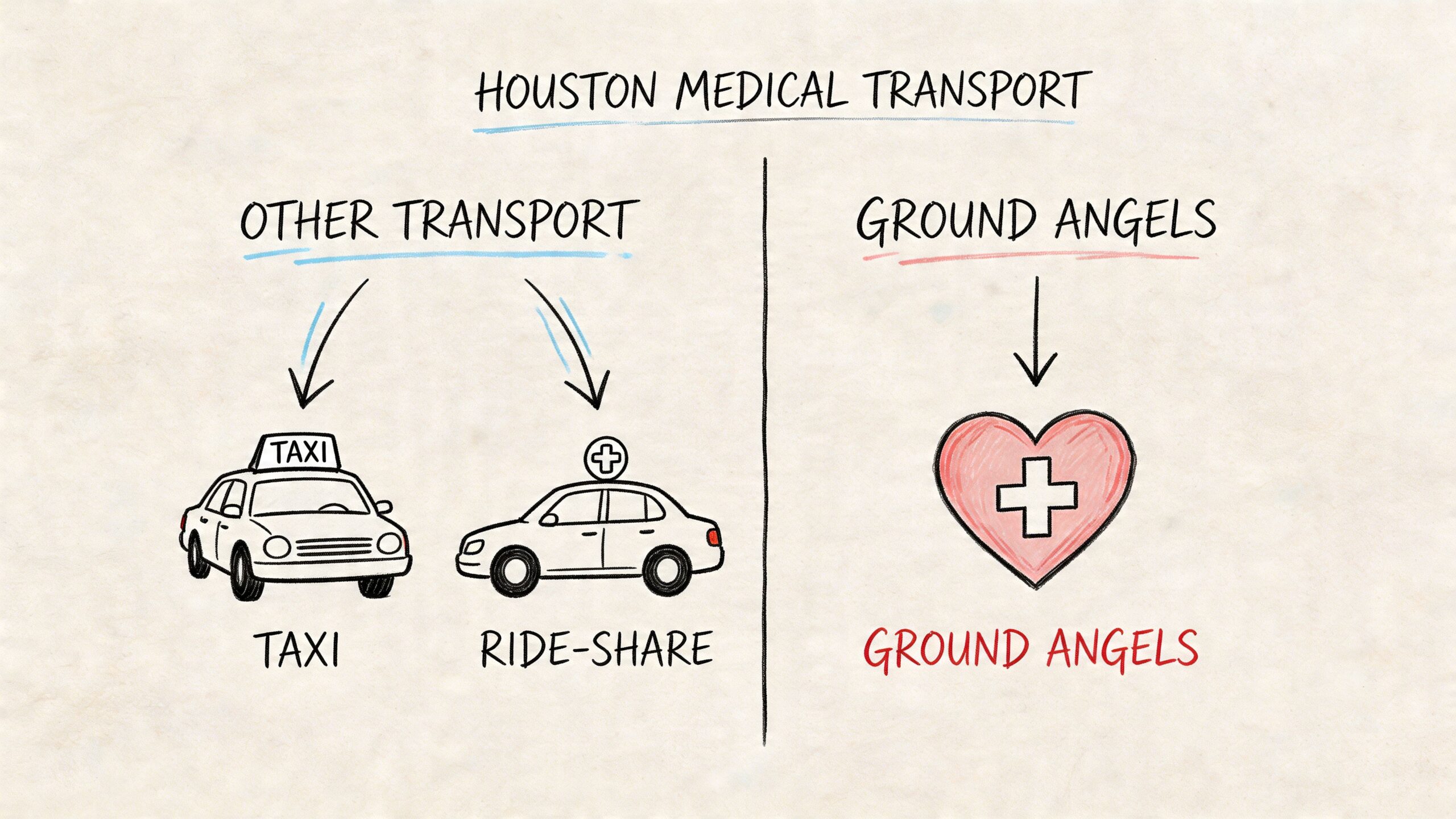 A diagram comparing traditional taxi and ride-share options against Houston medical transport service Ground Angels.