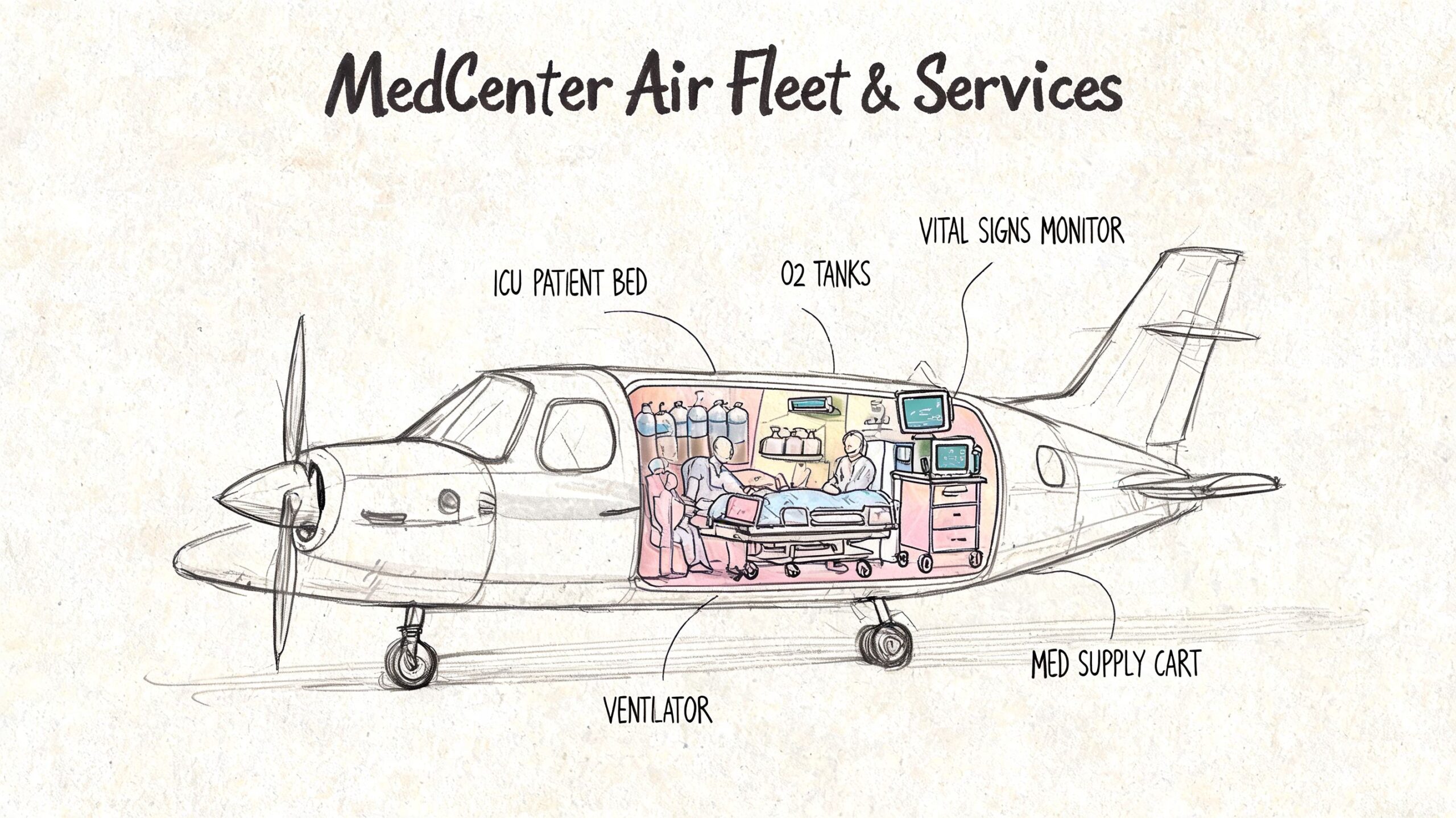 A hand-drawn illustration showing the medical interior of an air ambulance jet with patient care equipment.