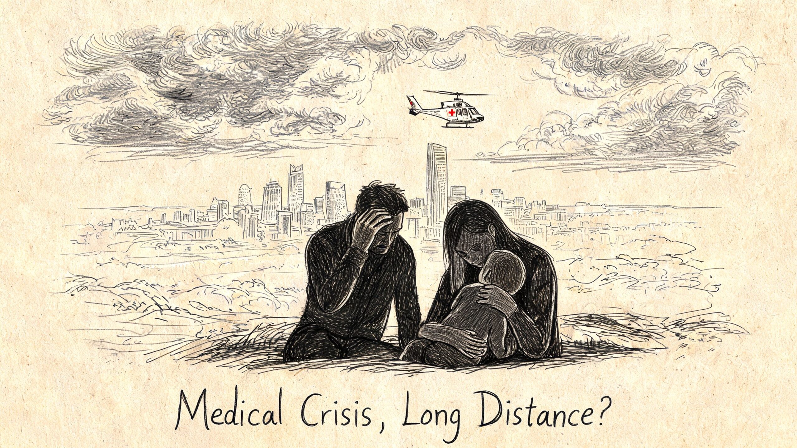 A pencil sketch shows a worried family sitting before a city skyline under a medical transport helicopter.