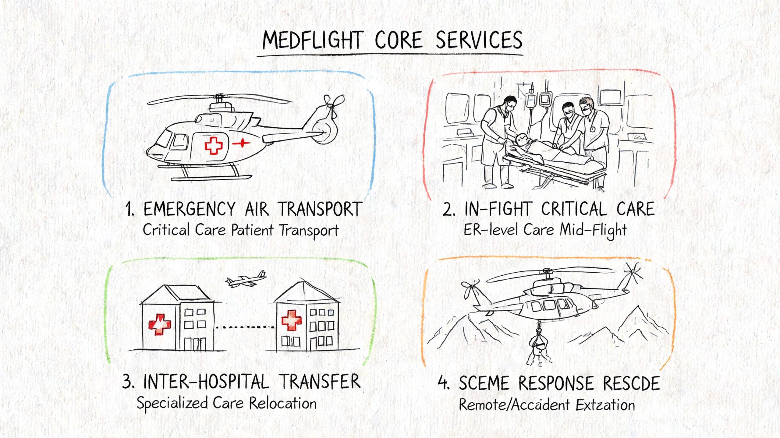 A hand-drawn illustration showing MedFlight core services including emergency air transport, critical care, inter-hospital transfers, and scene rescue.
