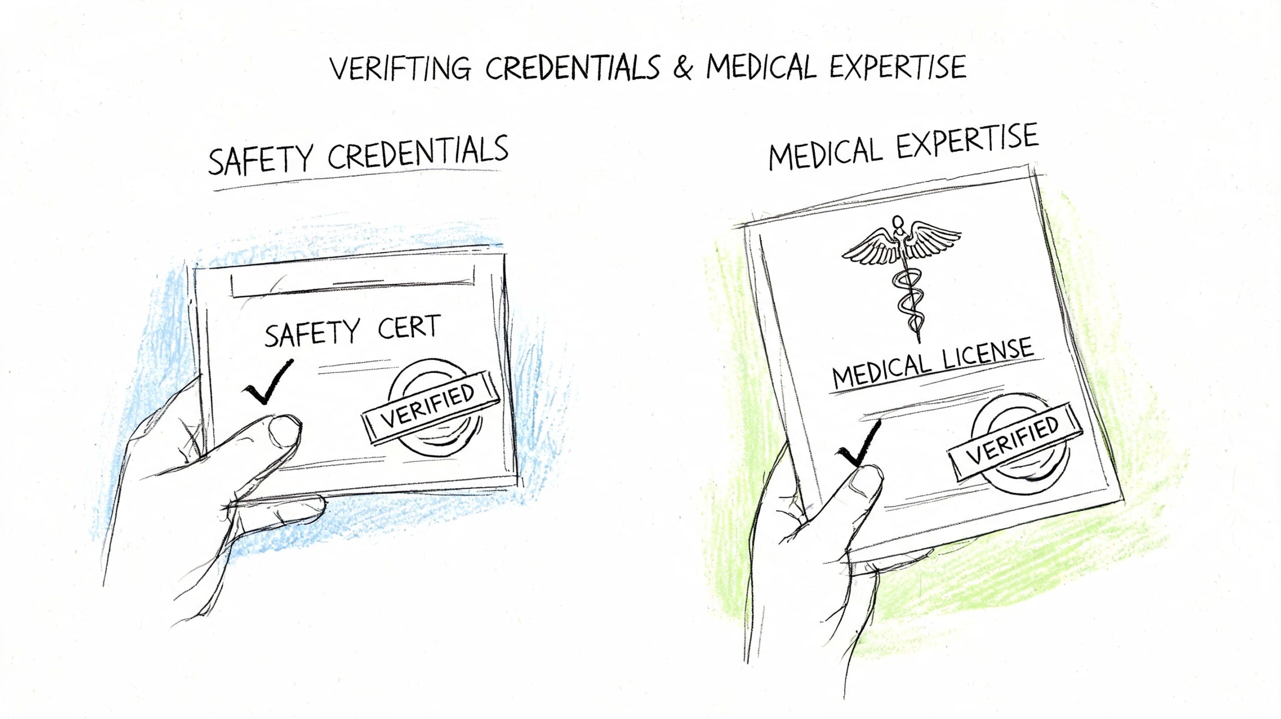A hand holding a safety certificate and a hand holding a medical license, both marked as verified.