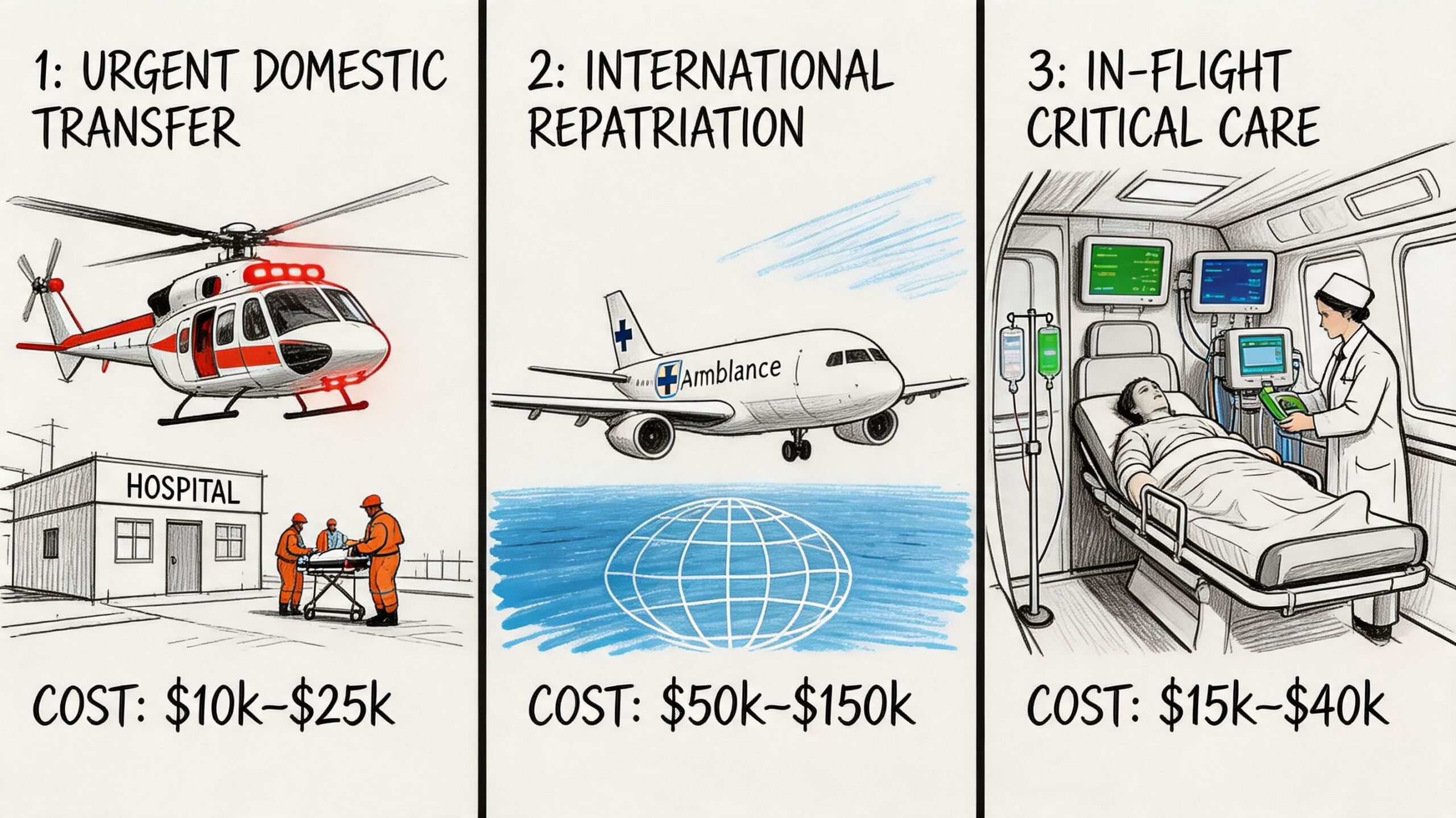 An infographic illustrating the estimated costs for different types of air ambulance services including transfers and repatriation.