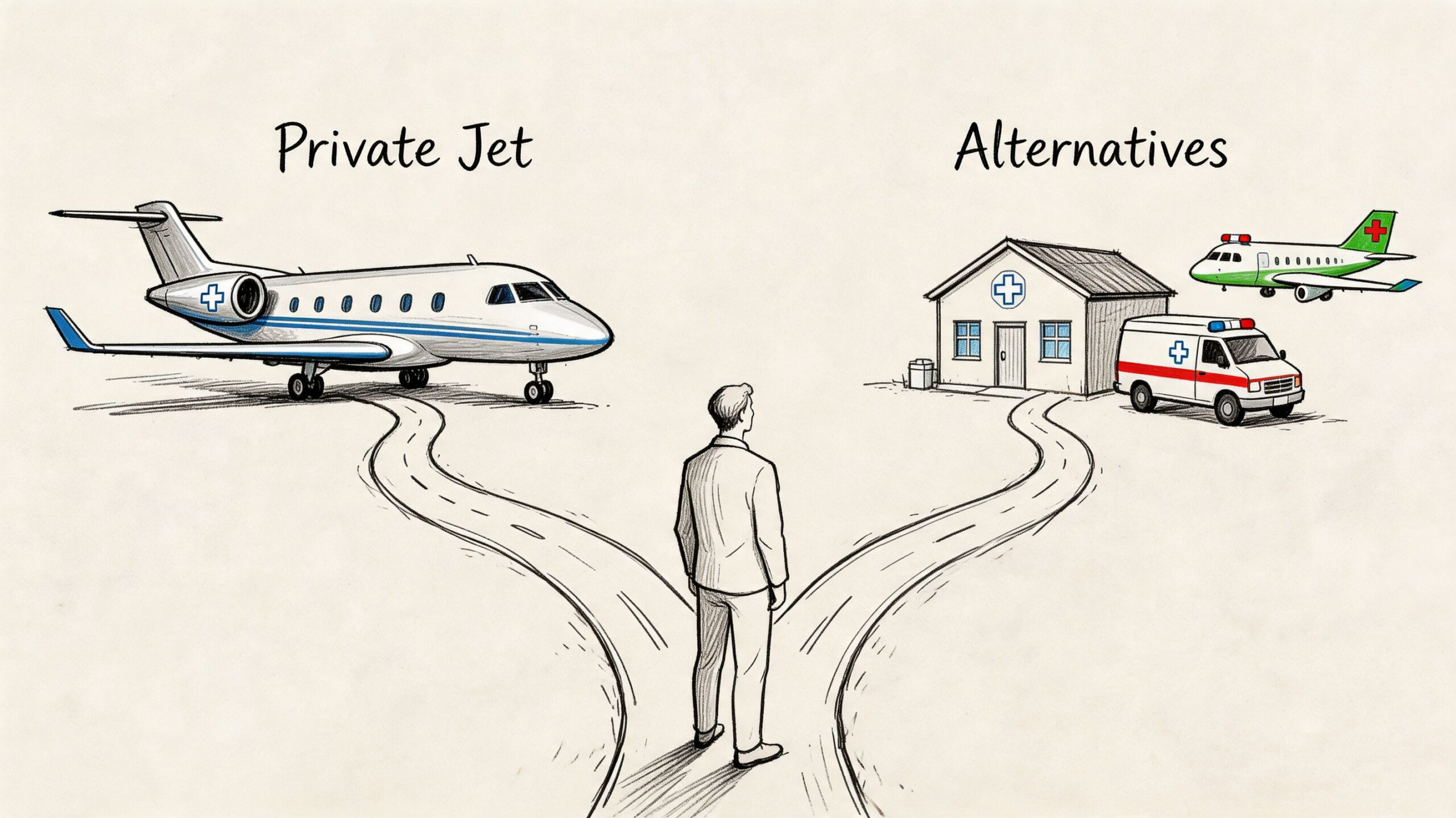 A person standing at a fork in the road choosing between a private jet or medical alternatives.