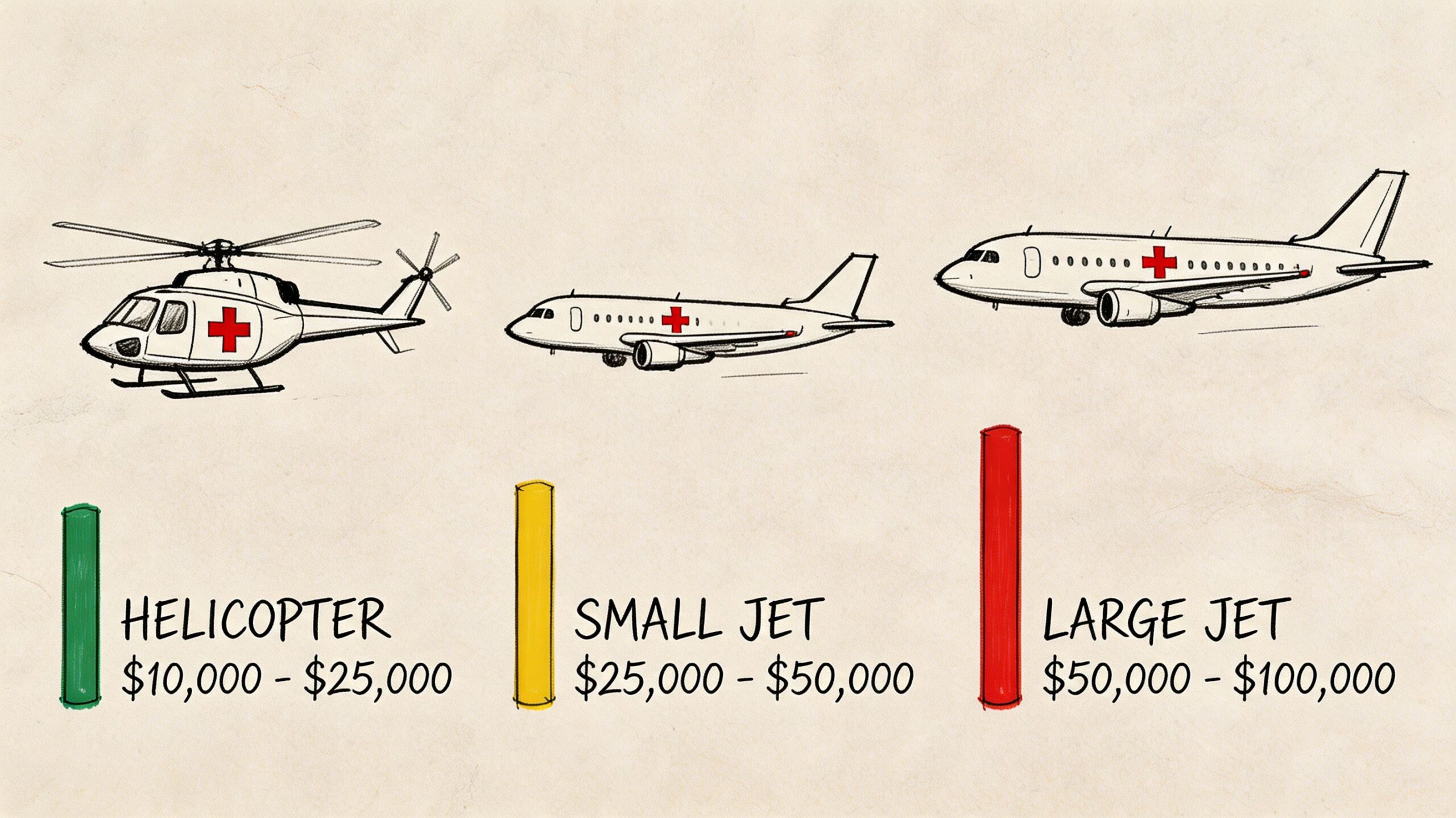 An infographic showing the price ranges for medical transport by helicopter, small jet, and large jet.