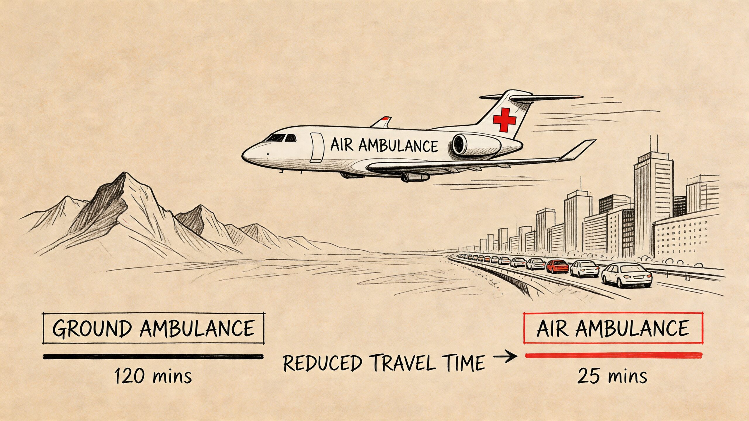 A conceptual illustration comparing a 120-minute ground ambulance trip with a 25-minute air ambulance flight.