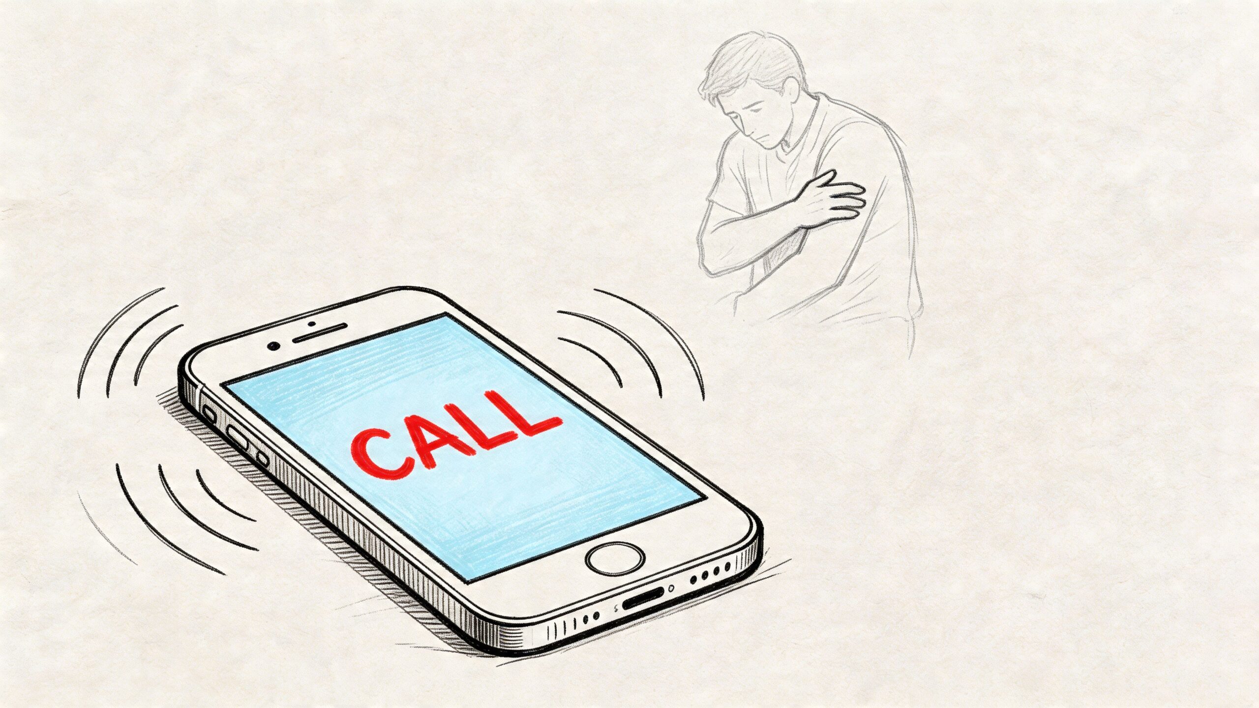 A digital sketch showing a ringing smartphone displaying the word CALL beside a man clutching his arm.