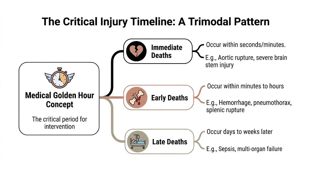A diagram illustrating the trimodal pattern of trauma deaths and the importance of the medical golden hour.