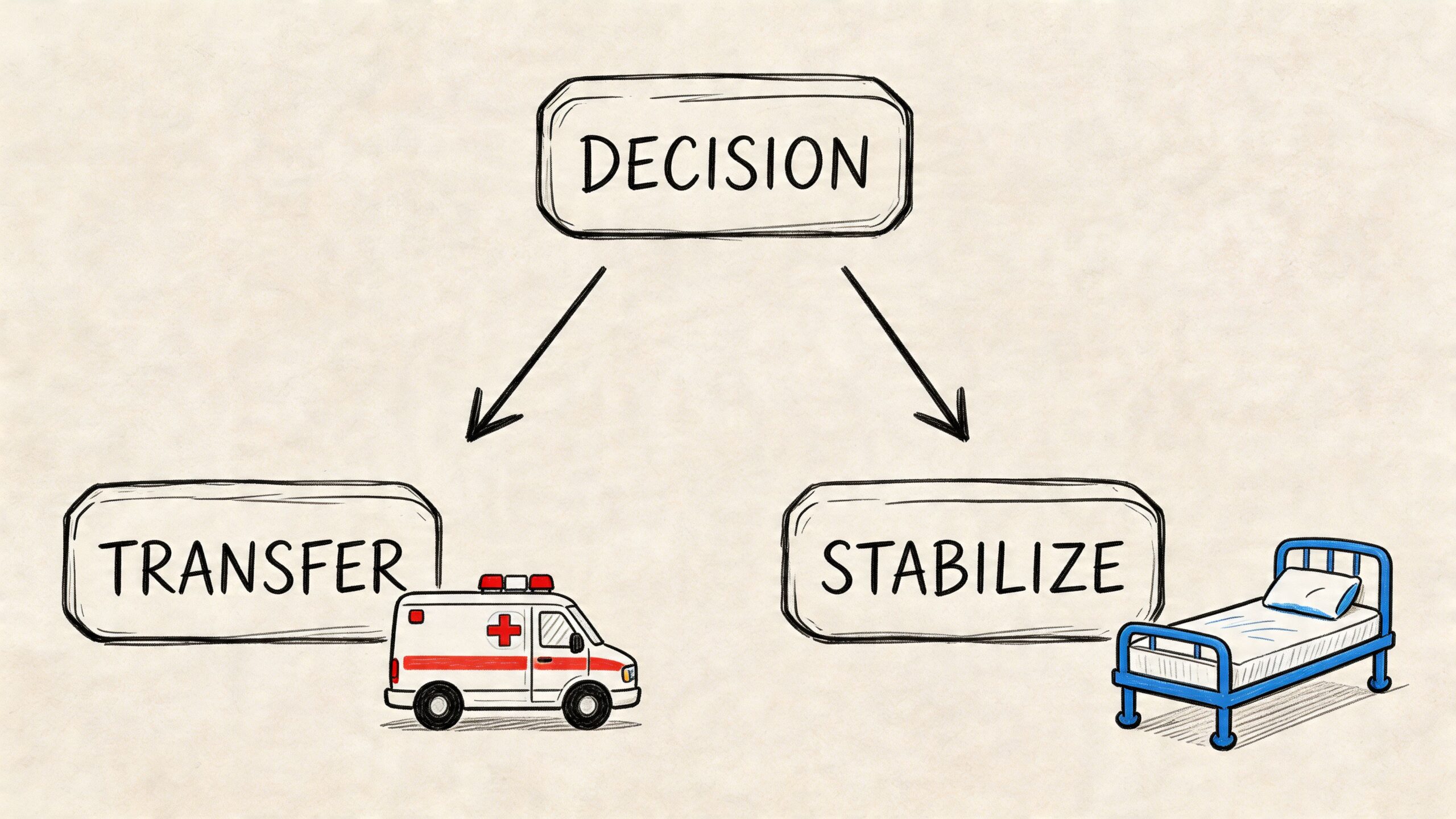 A diagram shows a decision box splitting into options to either transfer via ambulance or stabilize in hospital.
