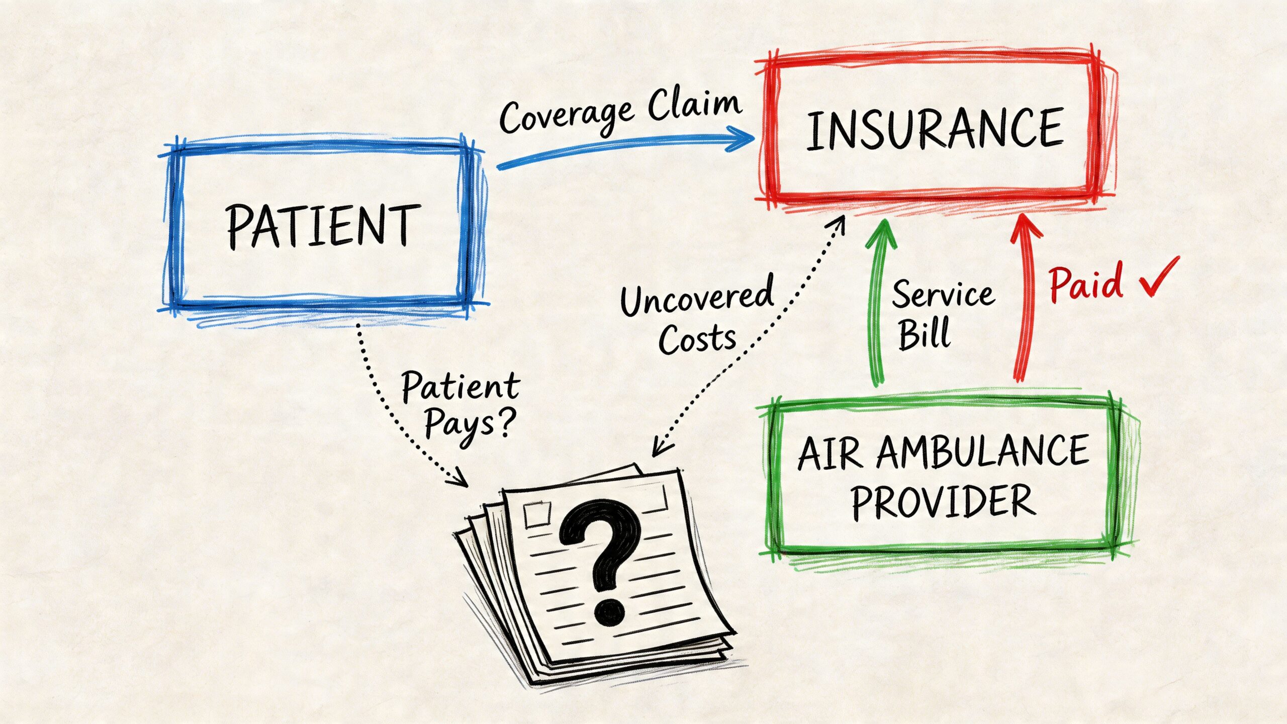 A diagram illustrating the billing relationship between a patient, insurance provider, and air ambulance service.