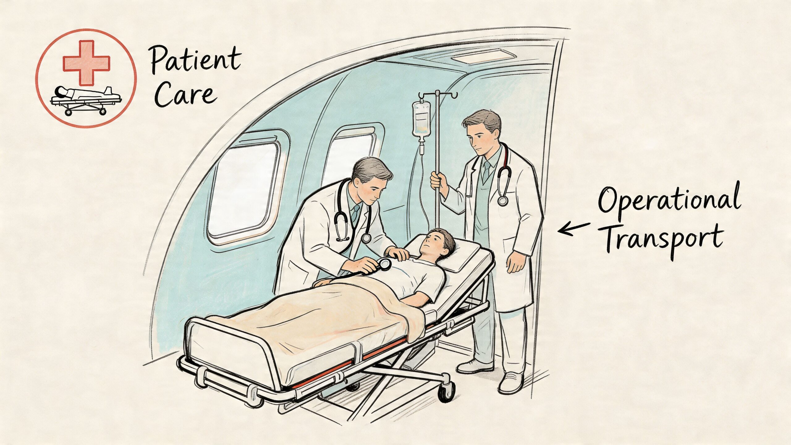 Two doctors in white coats attending to a patient on a stretcher inside an air ambulance.