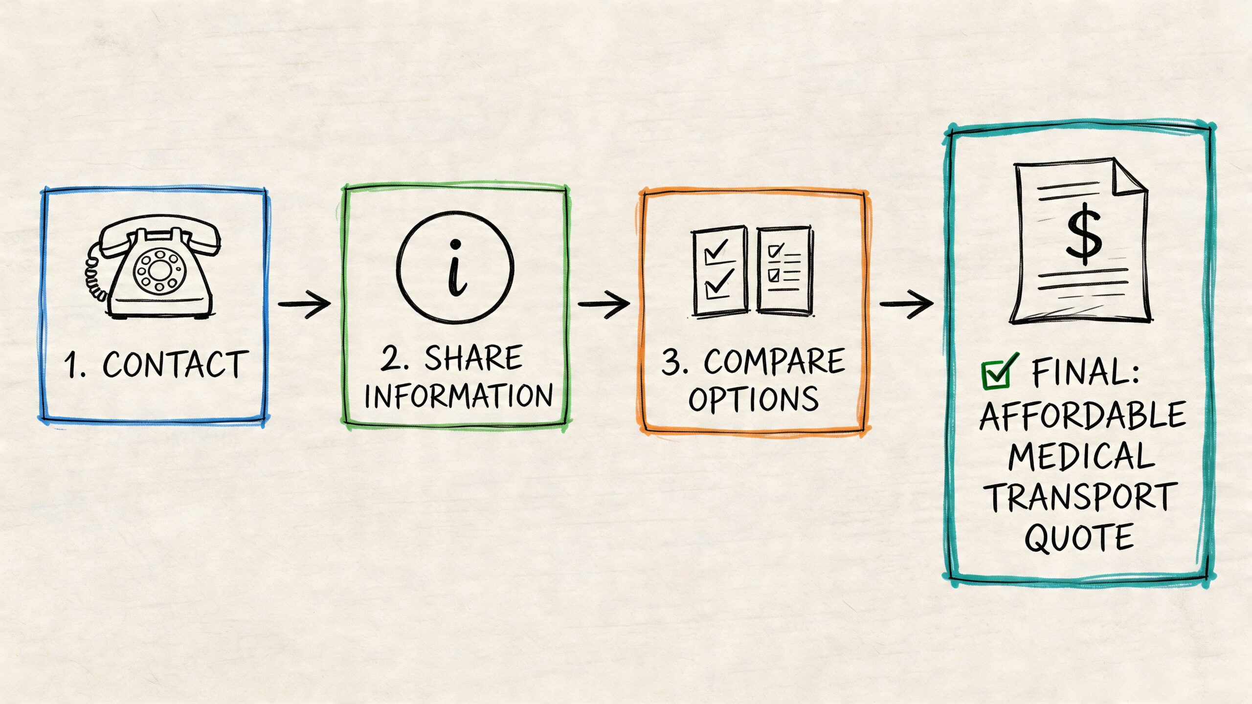 A four-step flow chart showing the process of obtaining an affordable medical transport cost quote.