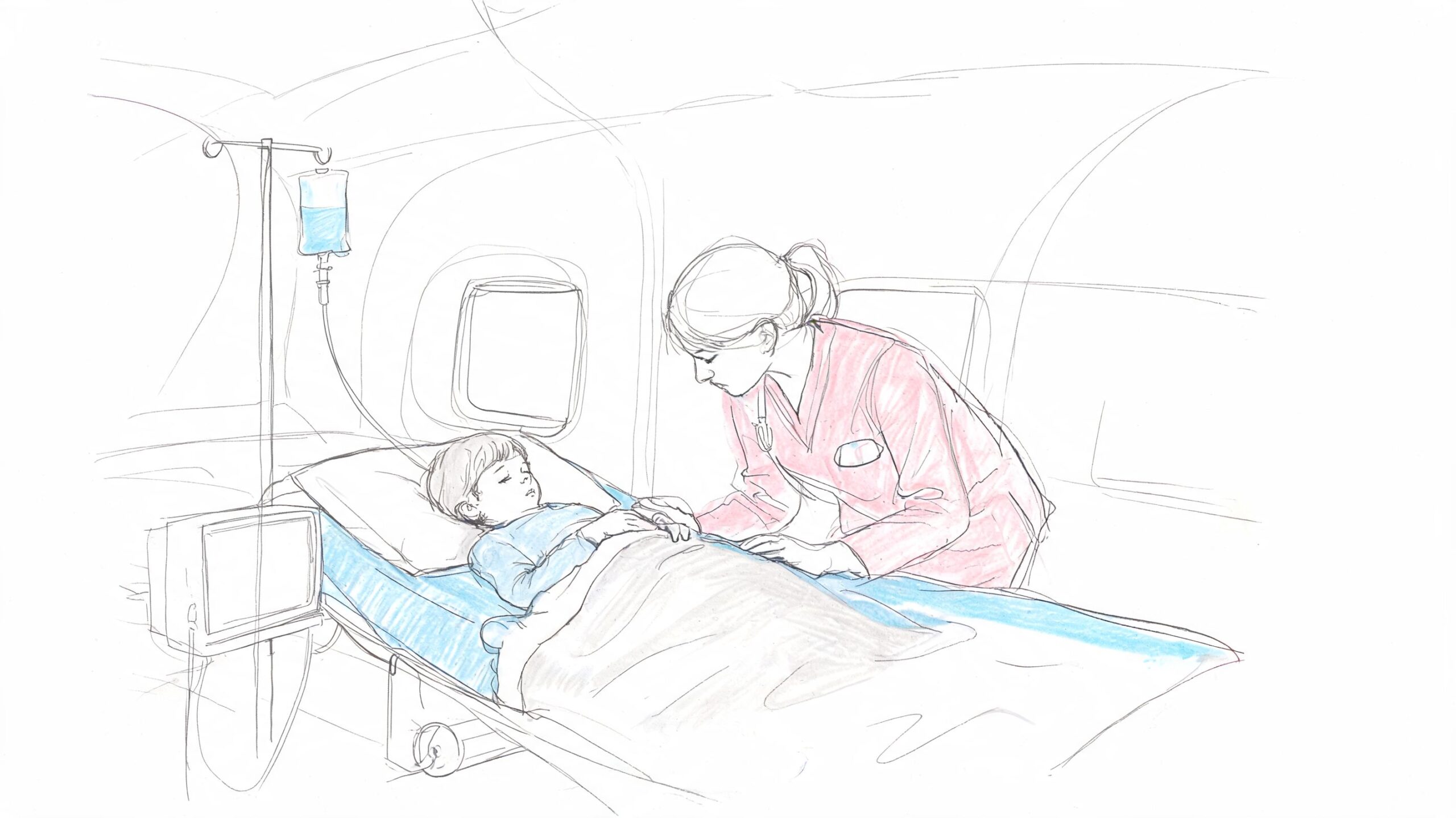 A pediatric flight nurse attending to a young child resting on a medical stretcher inside an airplane.