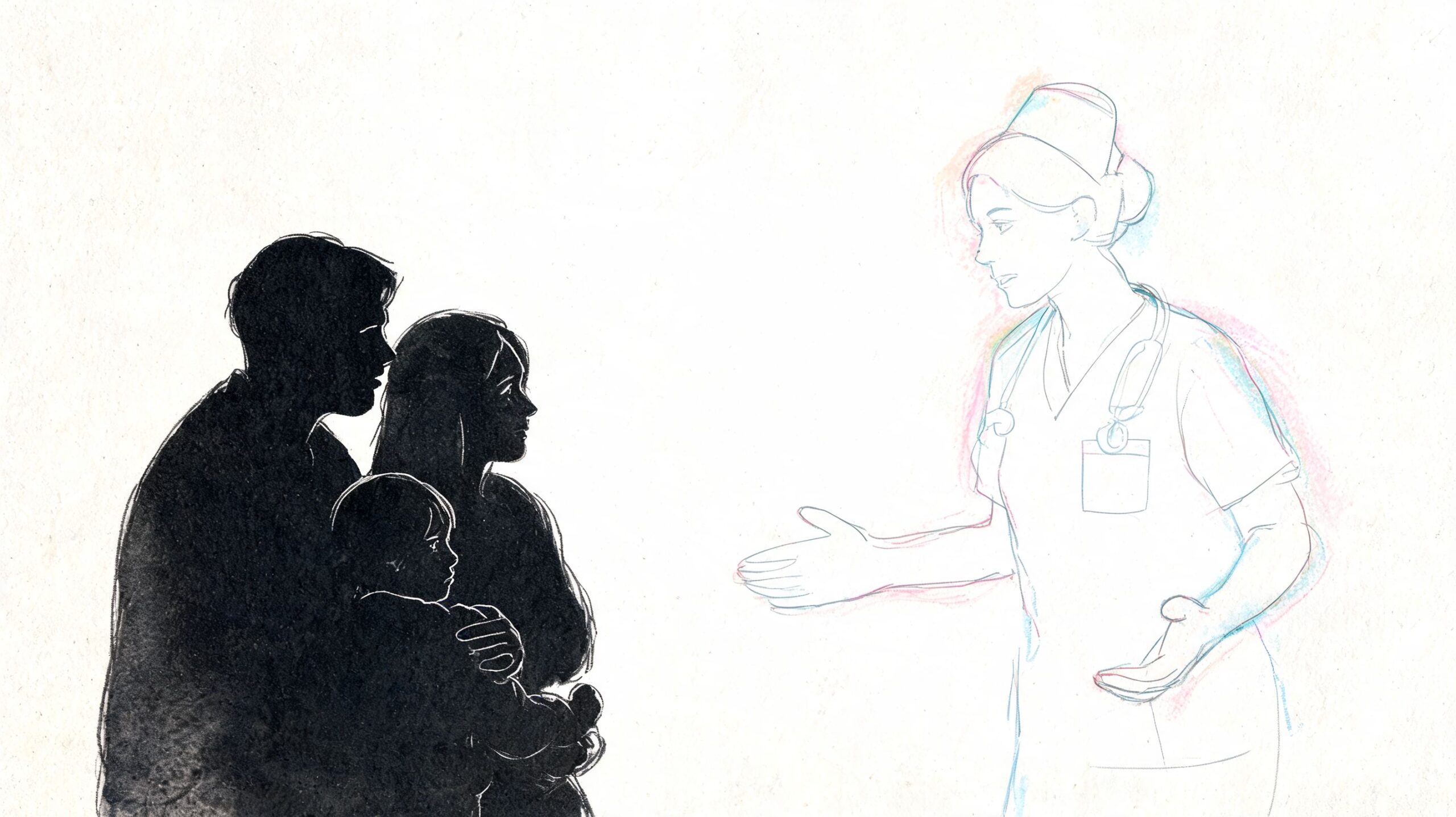 A silhouette of a concerned family standing before a light, sketched figure of a pediatric nurse.