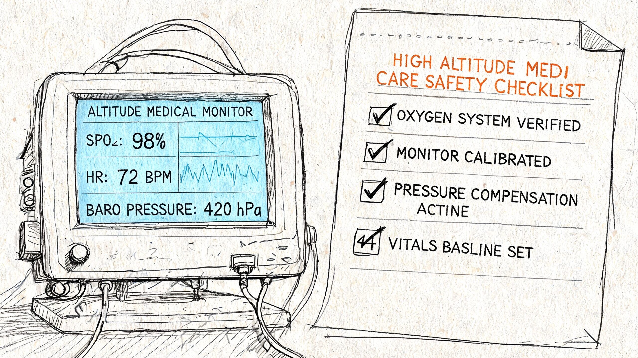 A medical monitor displaying vital signs next to a hand-drawn high altitude medical care safety checklist.