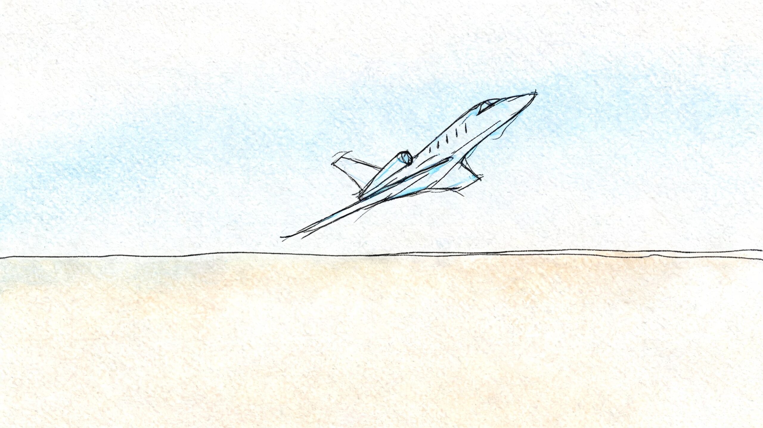 A simple artistic sketch of a business jet taking off into a clear sky above desert terrain.