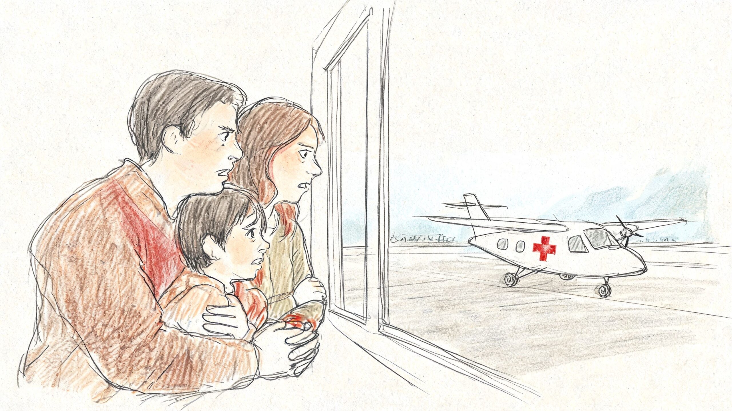 A worried family watches a medical rescue airplane through a window at an airfield.
