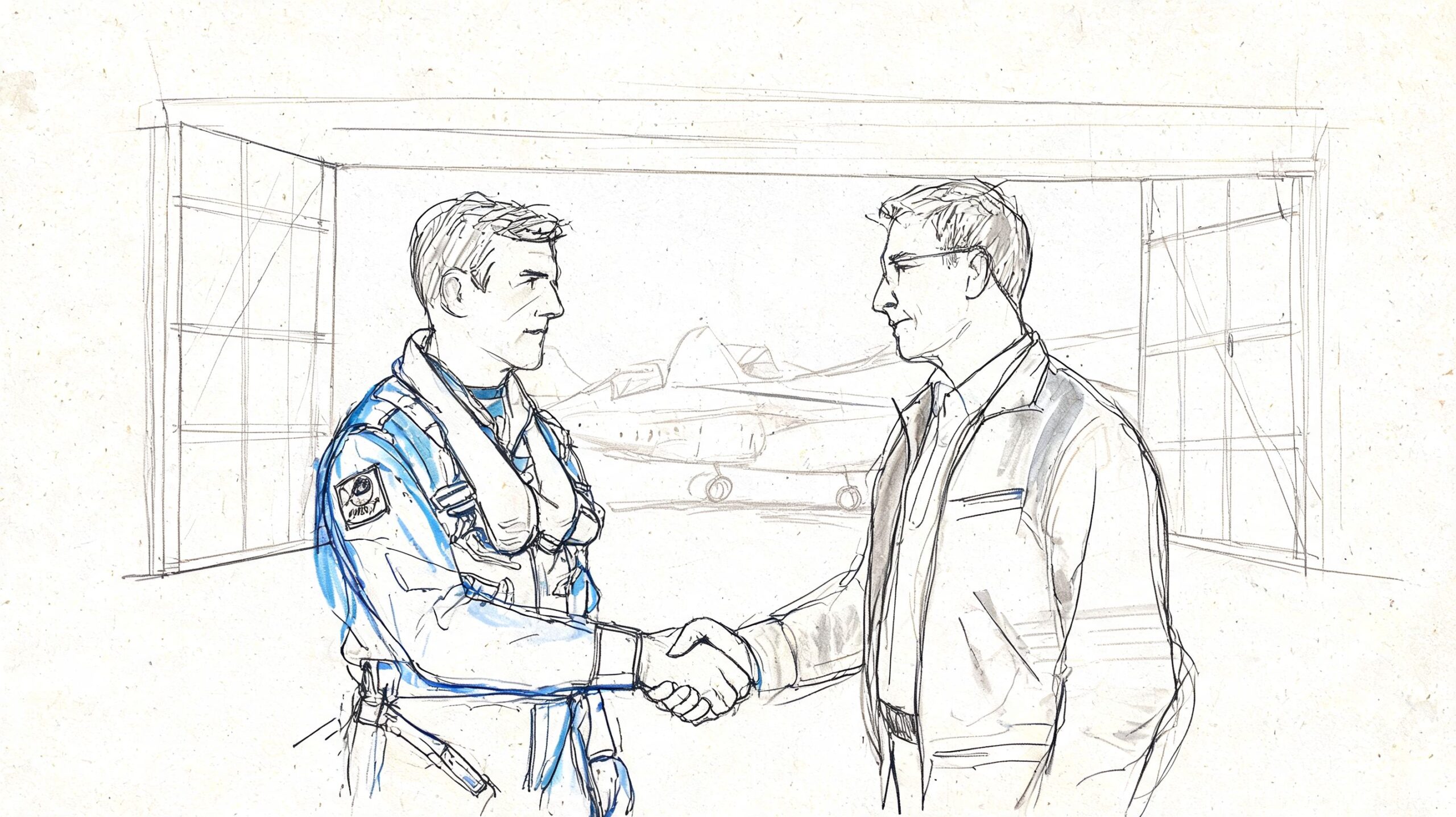 A pencil sketch of an air ambulance pilot shaking hands with a colleague in a hangar.