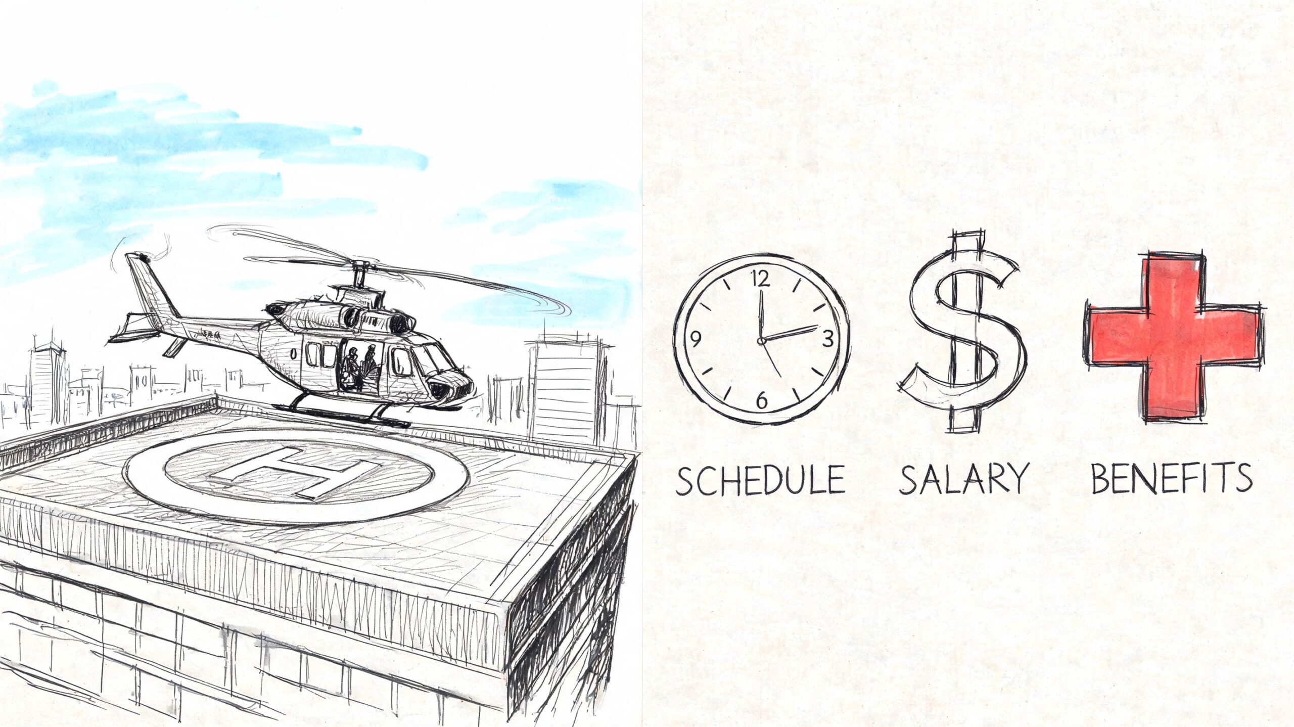 A hand-drawn illustration showing a medical helicopter landing on a rooftop with icons representing schedule, salary, and benefits.