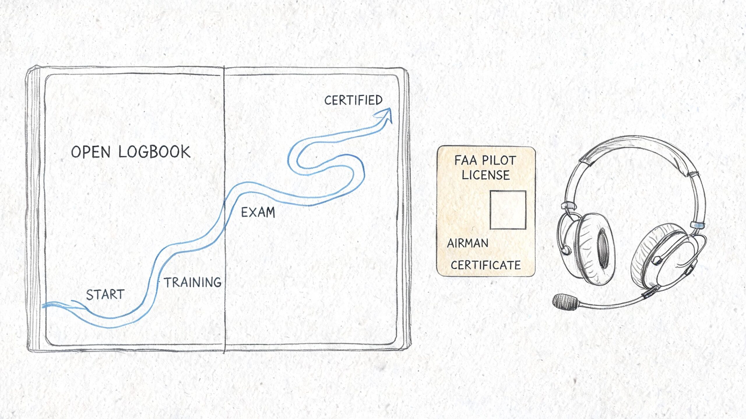 A hand-drawn illustration showing a flight training path, a pilot license, and a pilot headset.