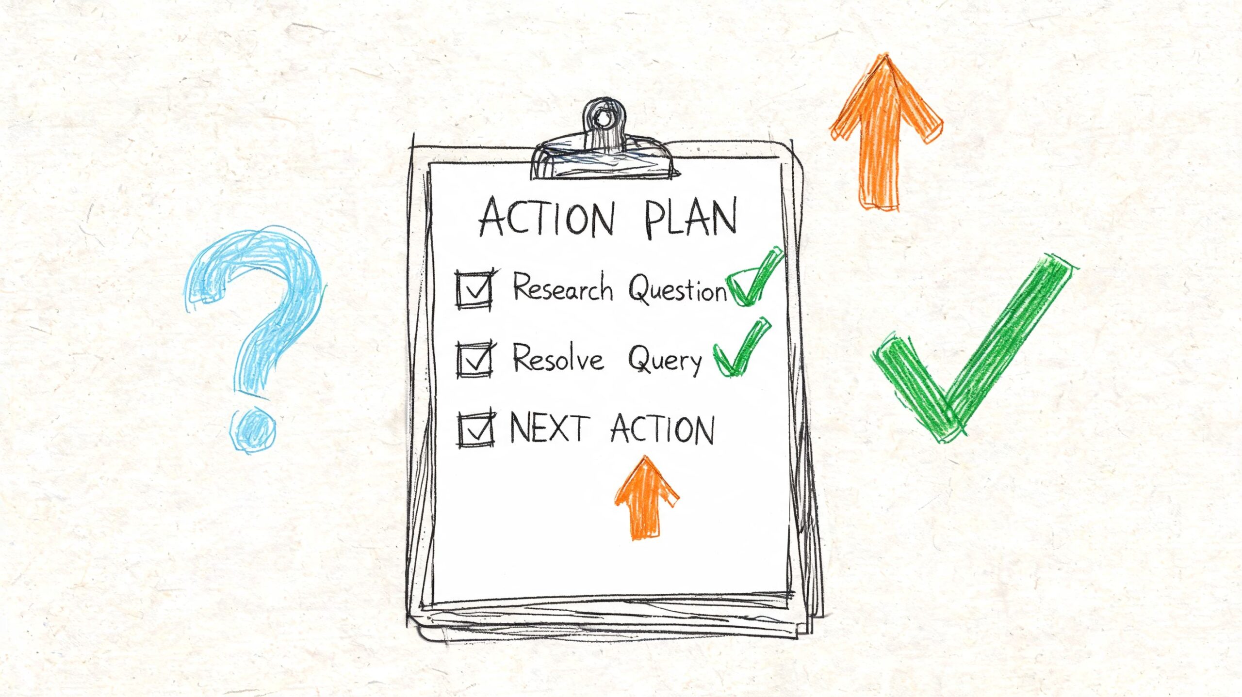 A sketched clipboard titled Action Plan with a list of research, query resolution, and next action items.