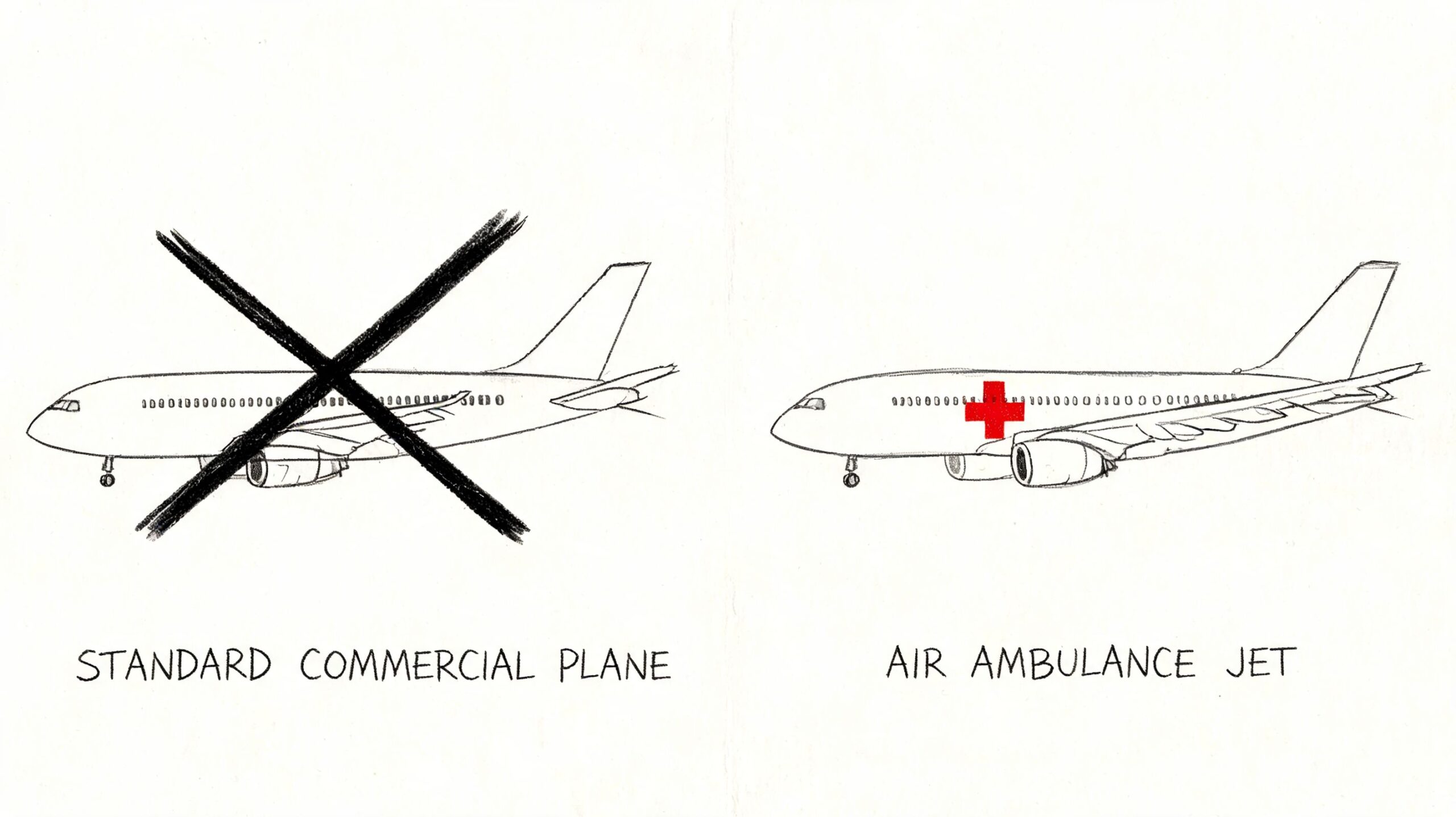 A line drawing comparison between a commercial airliner with a large cross-out and an air ambulance jet.