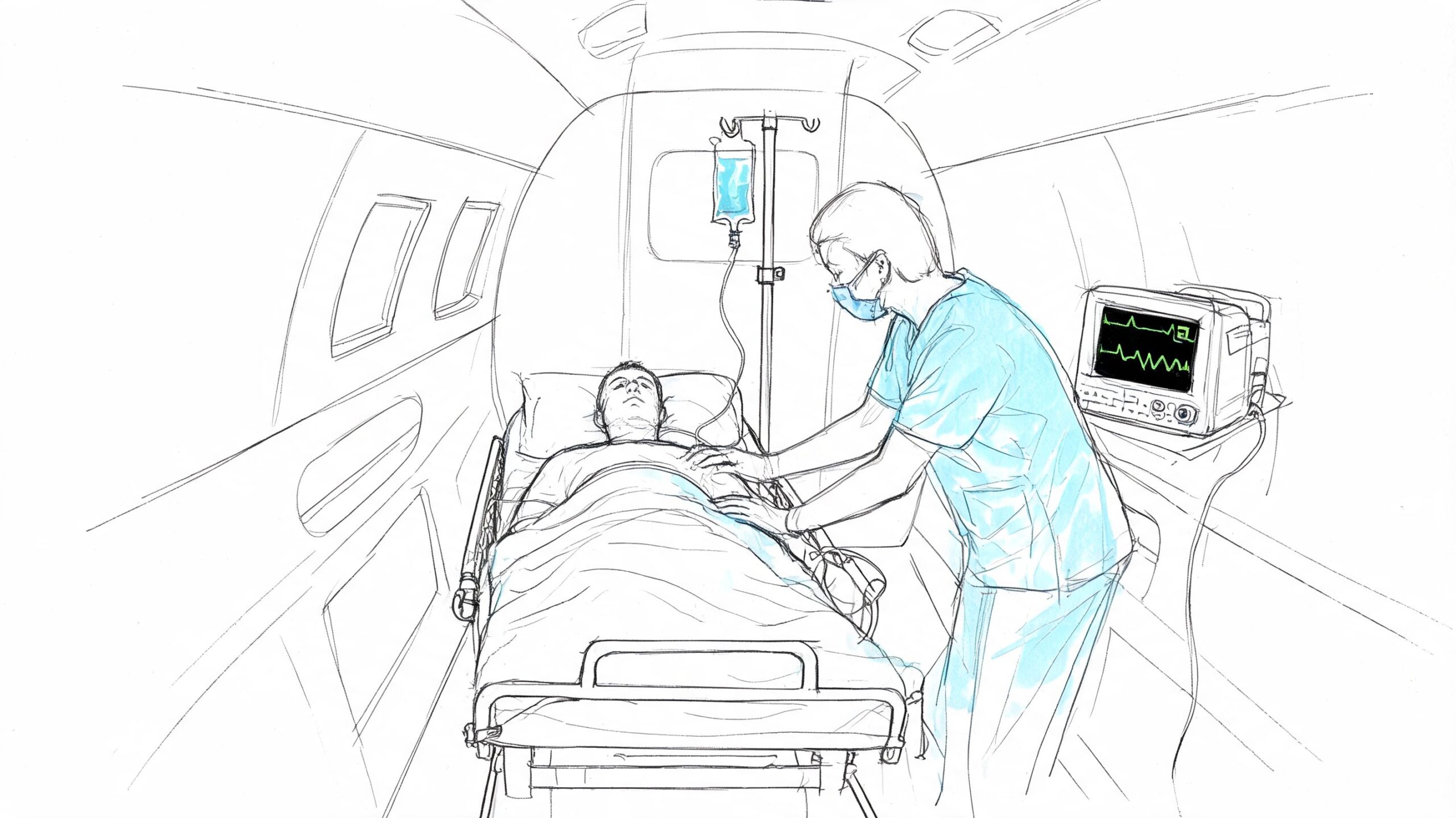A medical professional attending to a patient on a stretcher inside an air ambulance or aircraft.