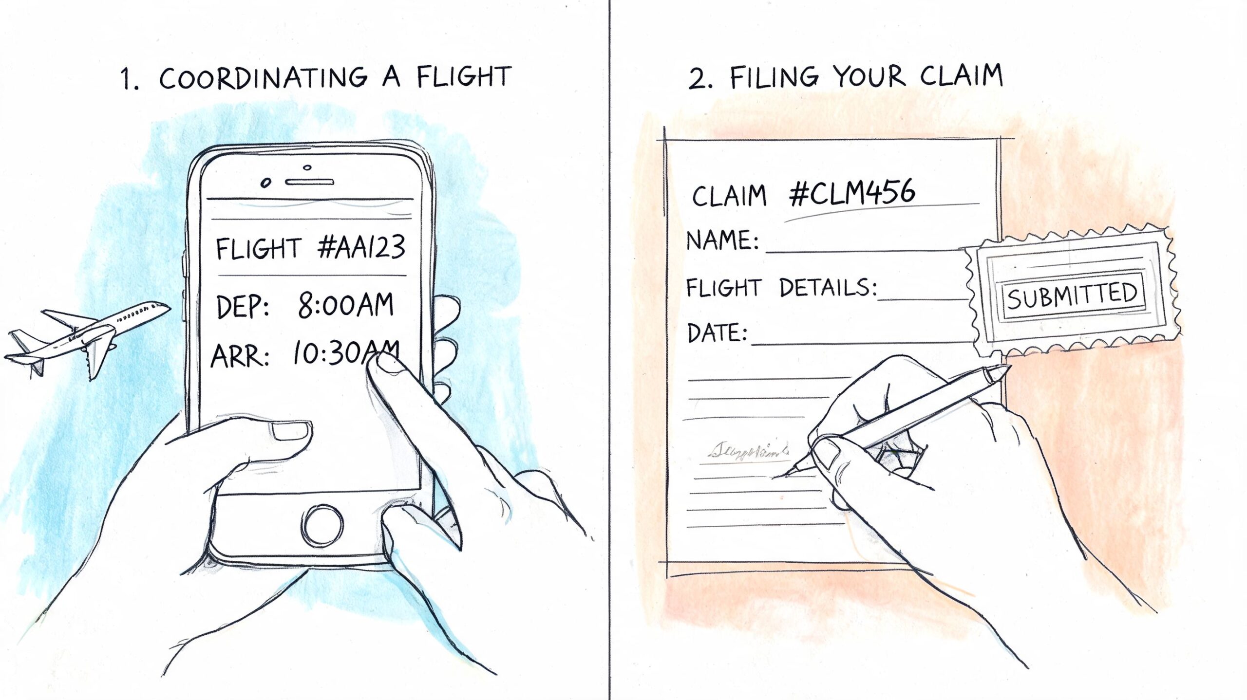 A hand holding a phone to check flight details followed by a hand filling out a claim form.