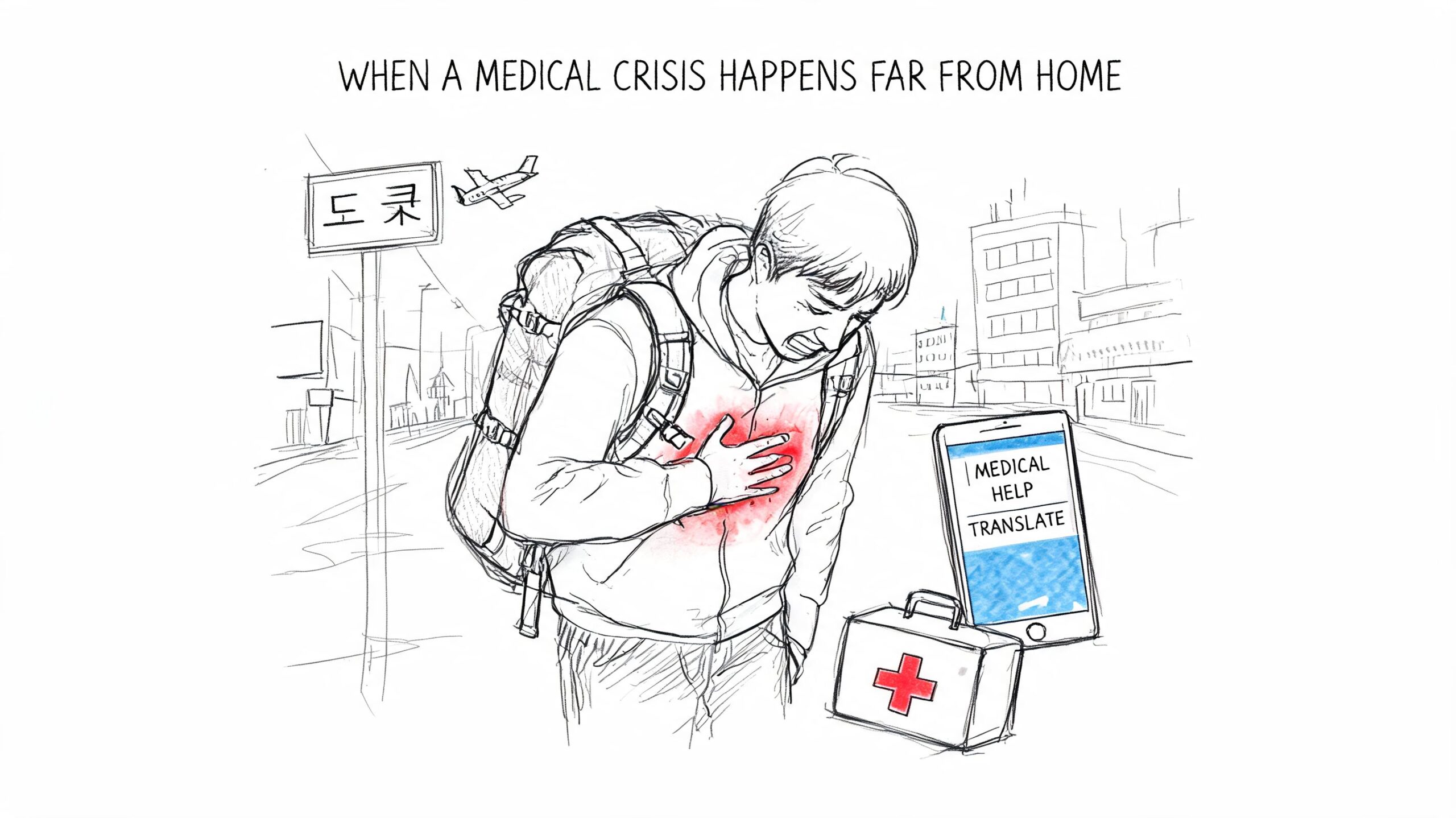 A traveler with a backpack clutches their chest in pain near a medical kit and translation app.