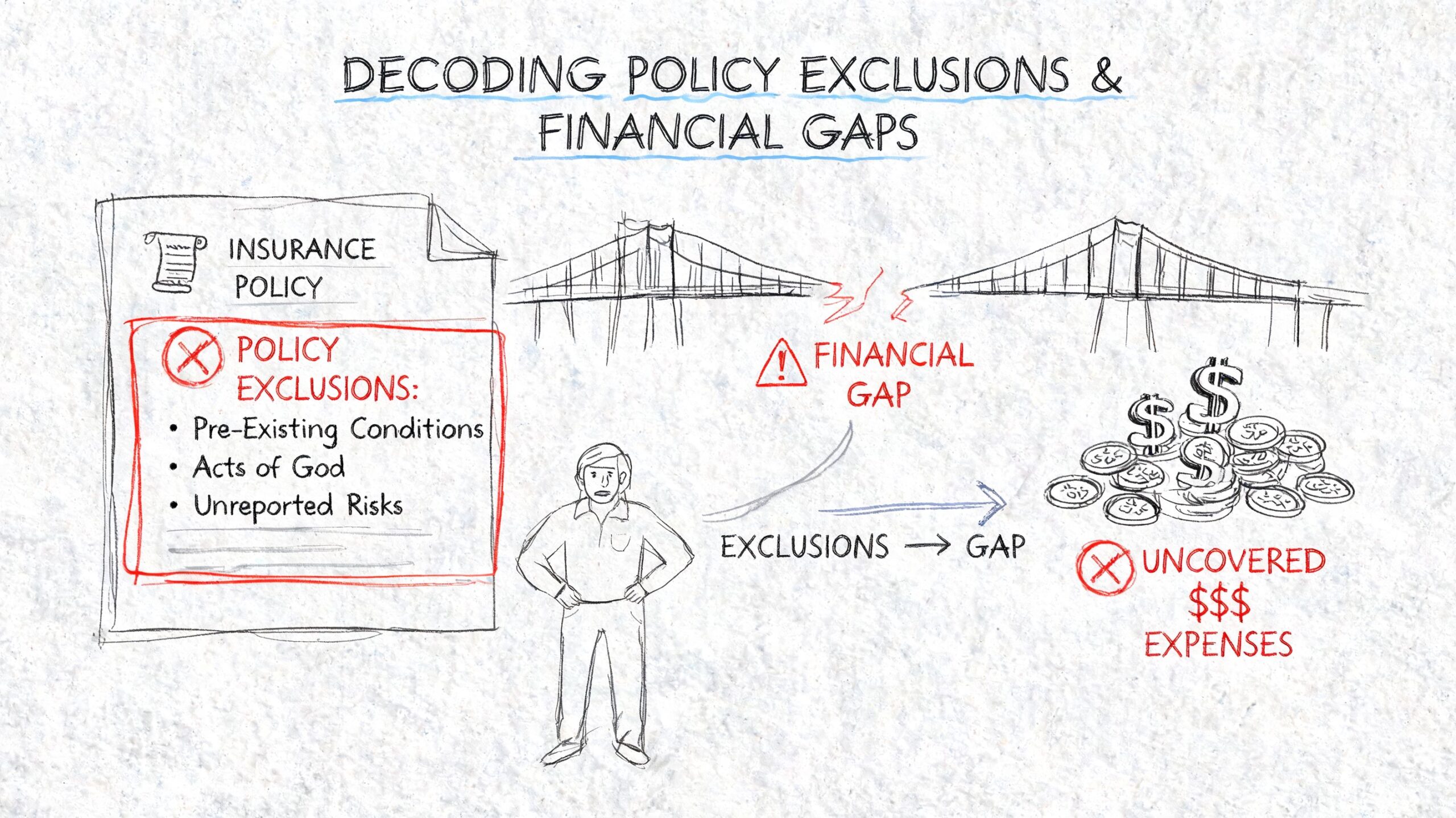 A diagram illustrating how insurance policy exclusions lead to financial gaps and uncovered medical expenses.