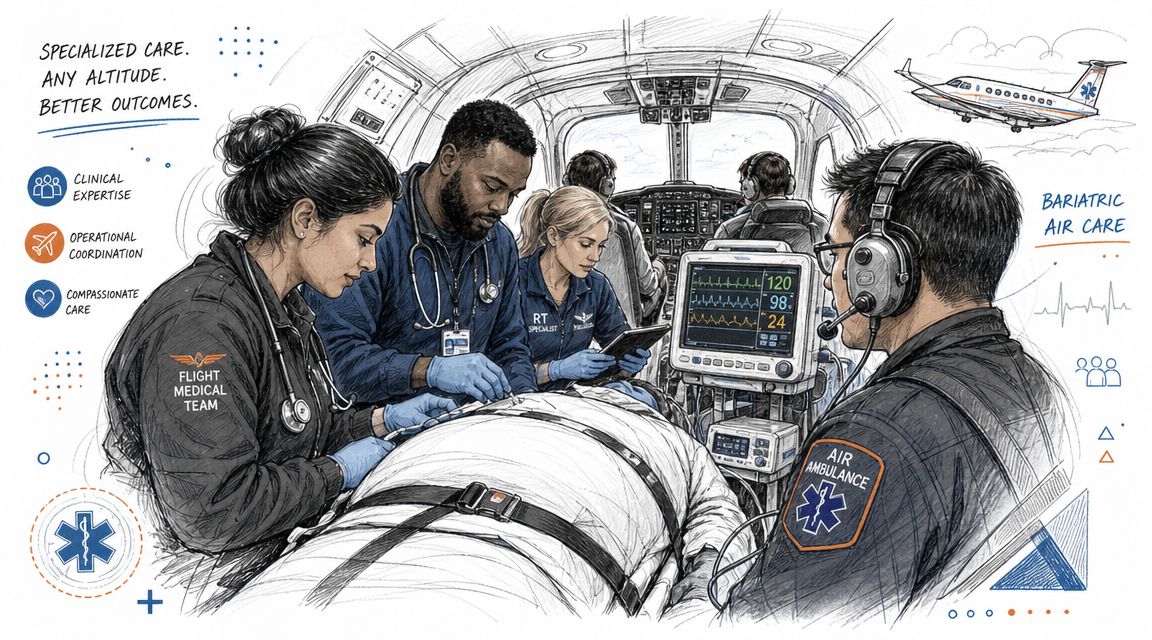 A professional flight medical team providing bariatric care to a patient inside an air ambulance plane.