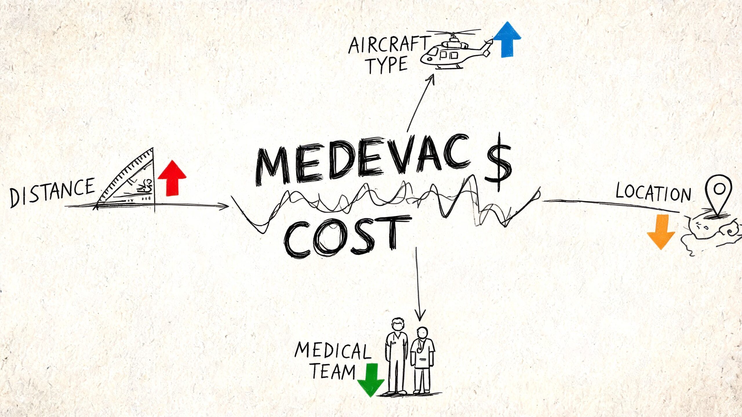 A conceptual diagram showing factors influencing medevac costs including distance, aircraft type, location, and medical team.