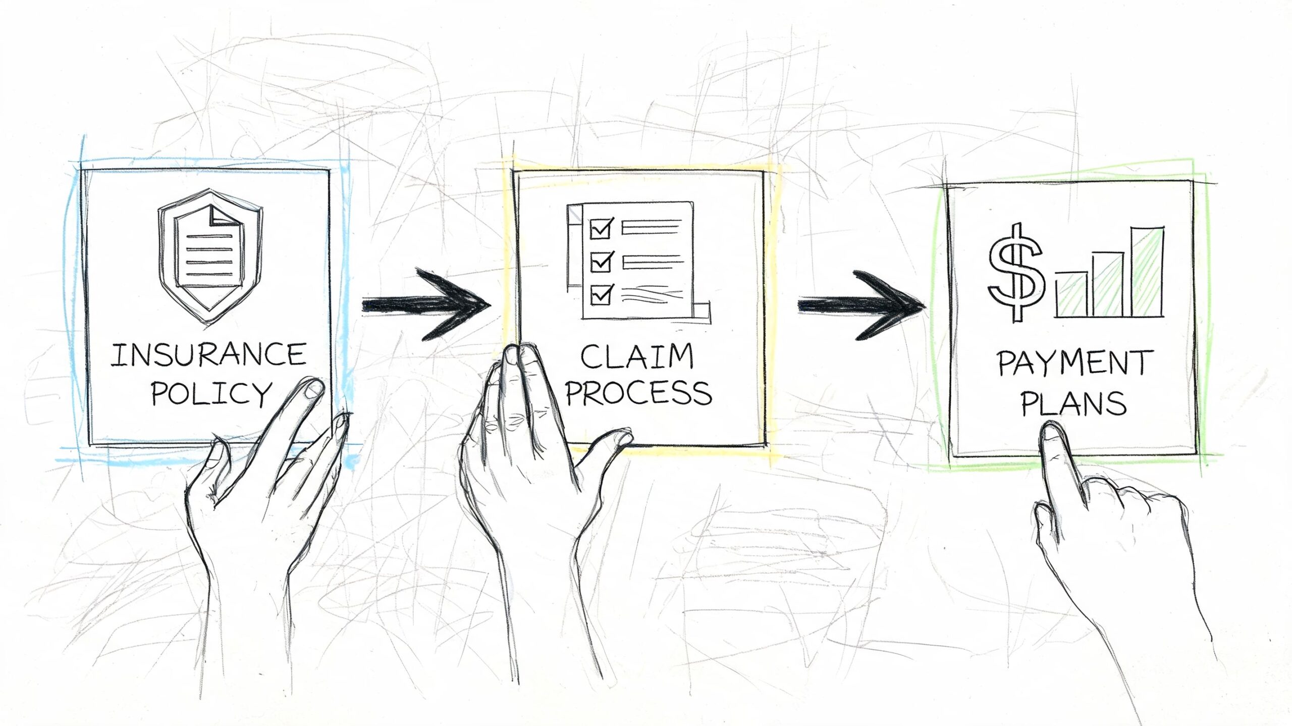 A hand-drawn sketch illustrating the sequential steps of an insurance process from policy to payment.