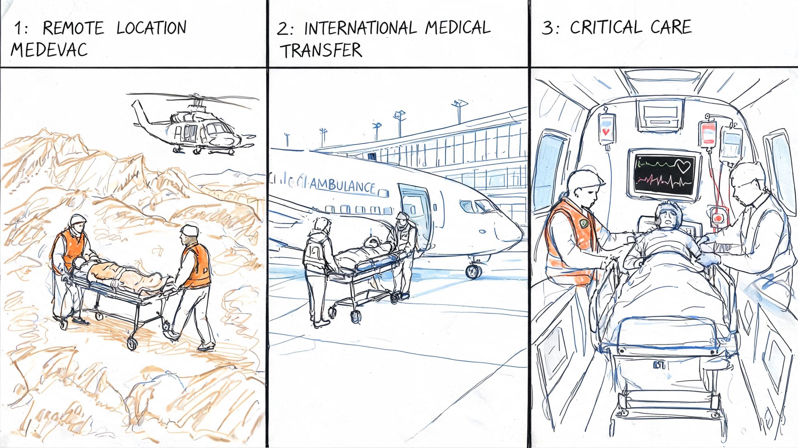 A three-part illustration showing remote mountain medevac, international medical airport transfer, and in-flight critical patient care.