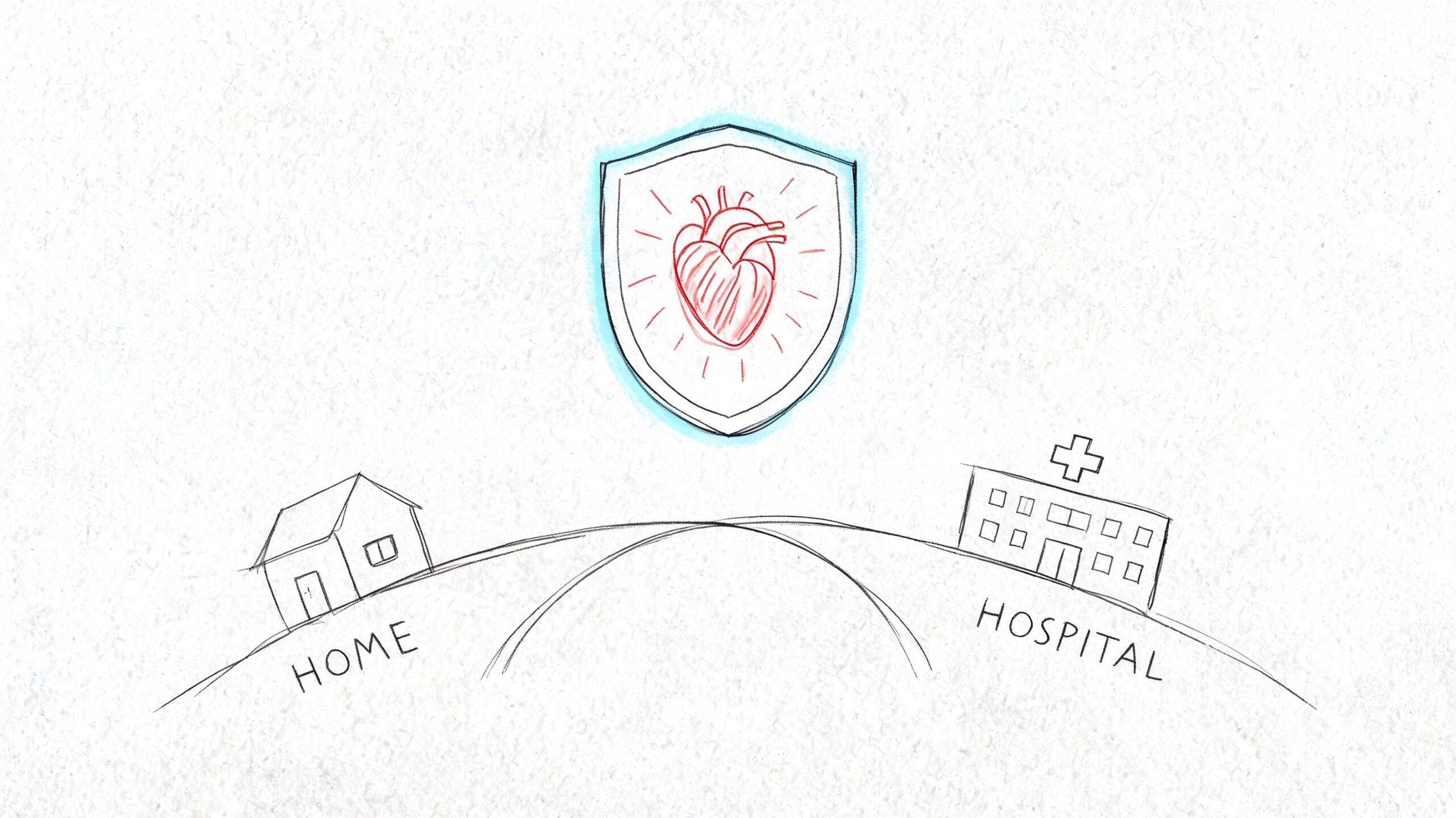 A hand-drawn illustration depicting a protected heart icon above a house and a hospital.