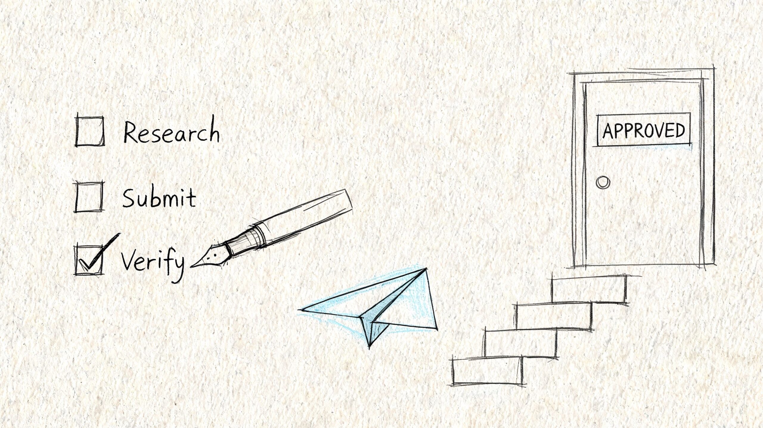 A hand-drawn illustration showing a checklist of research, submit, and verify, leading to an approved door.