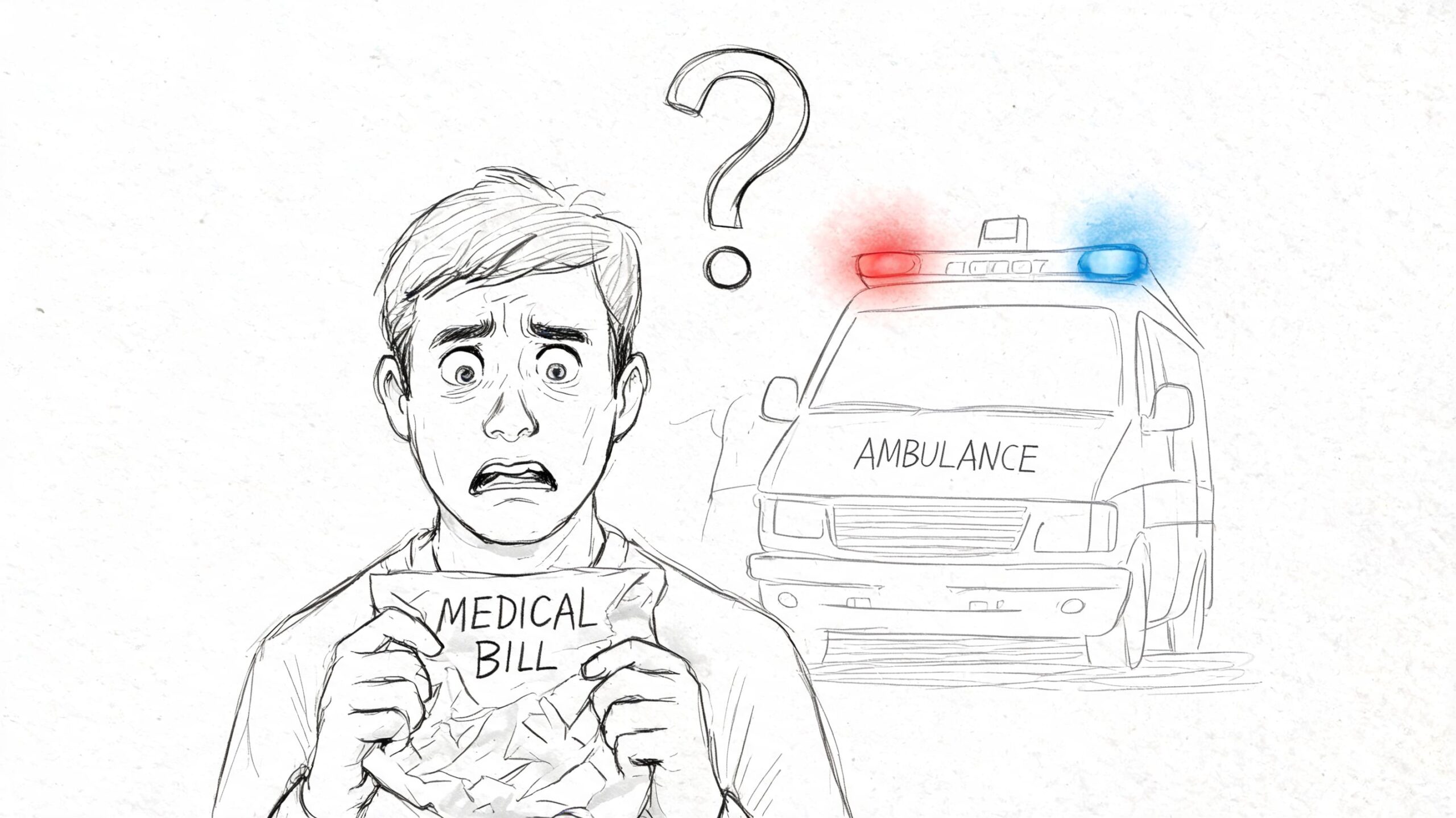 A worried man holding a crumpled medical bill with an ambulance in the background.