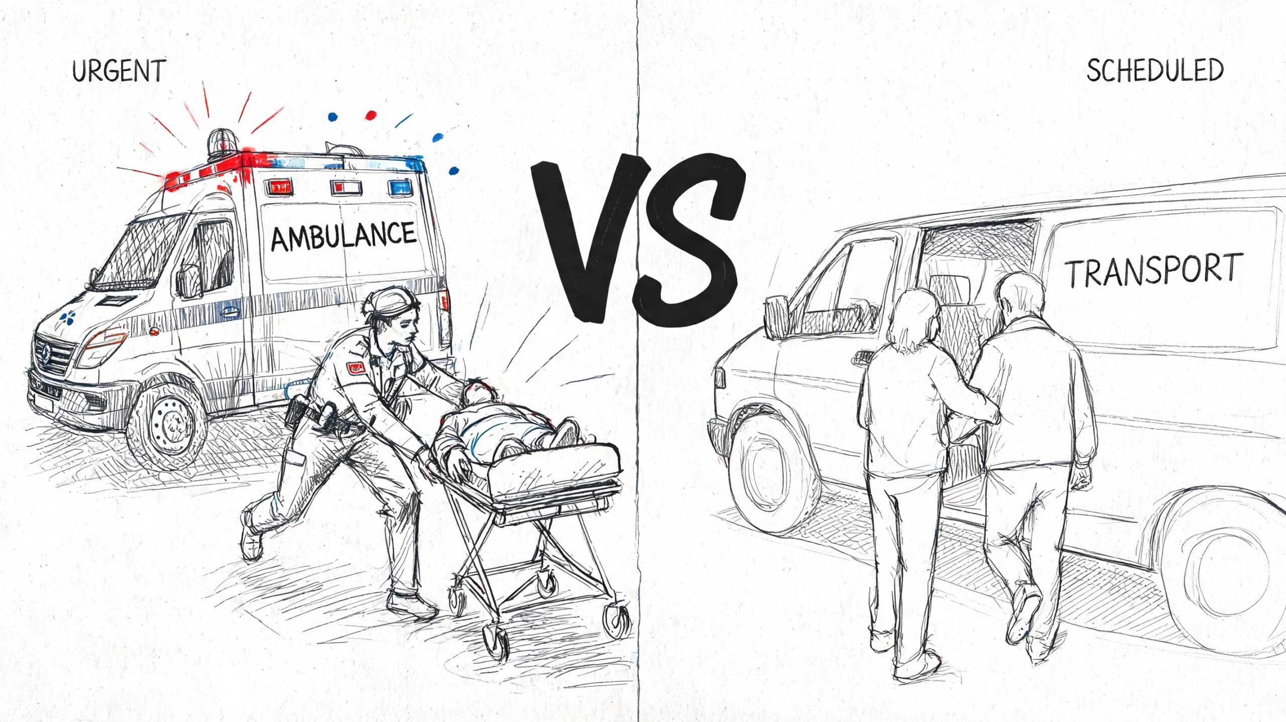 A split illustration comparing an urgent emergency ambulance response and a scheduled non-emergency medical transport van.