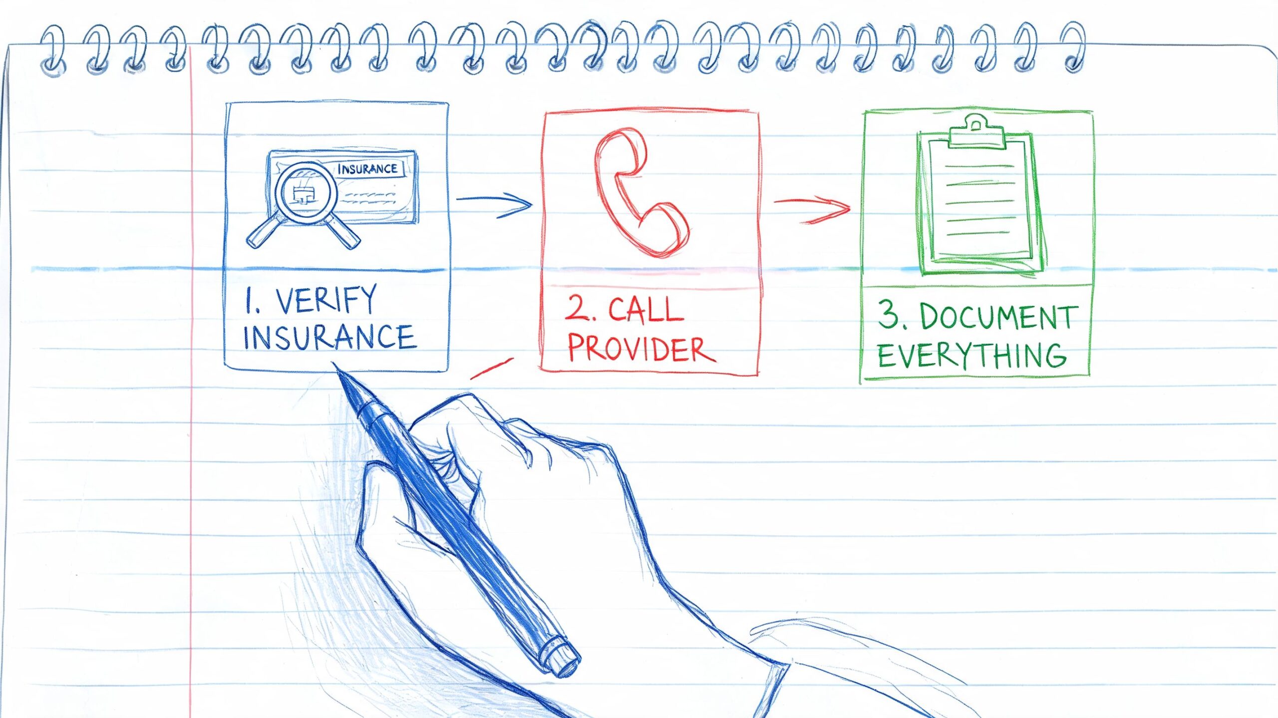 A hand drawing a three step process of verifying insurance, calling a provider, and documenting medical details.