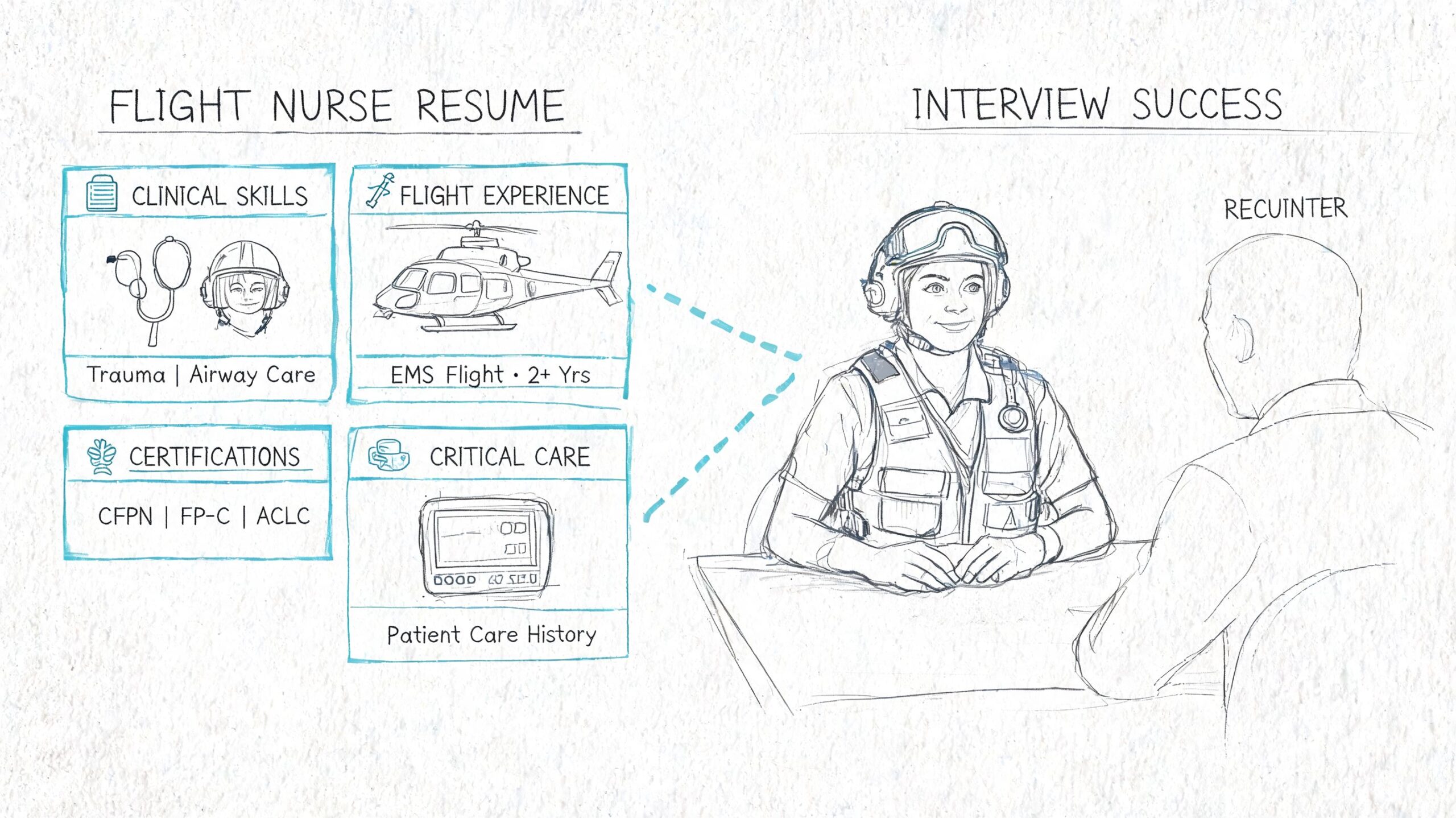 A line drawing illustration showing resume qualifications for a flight nurse preparing for a job interview.